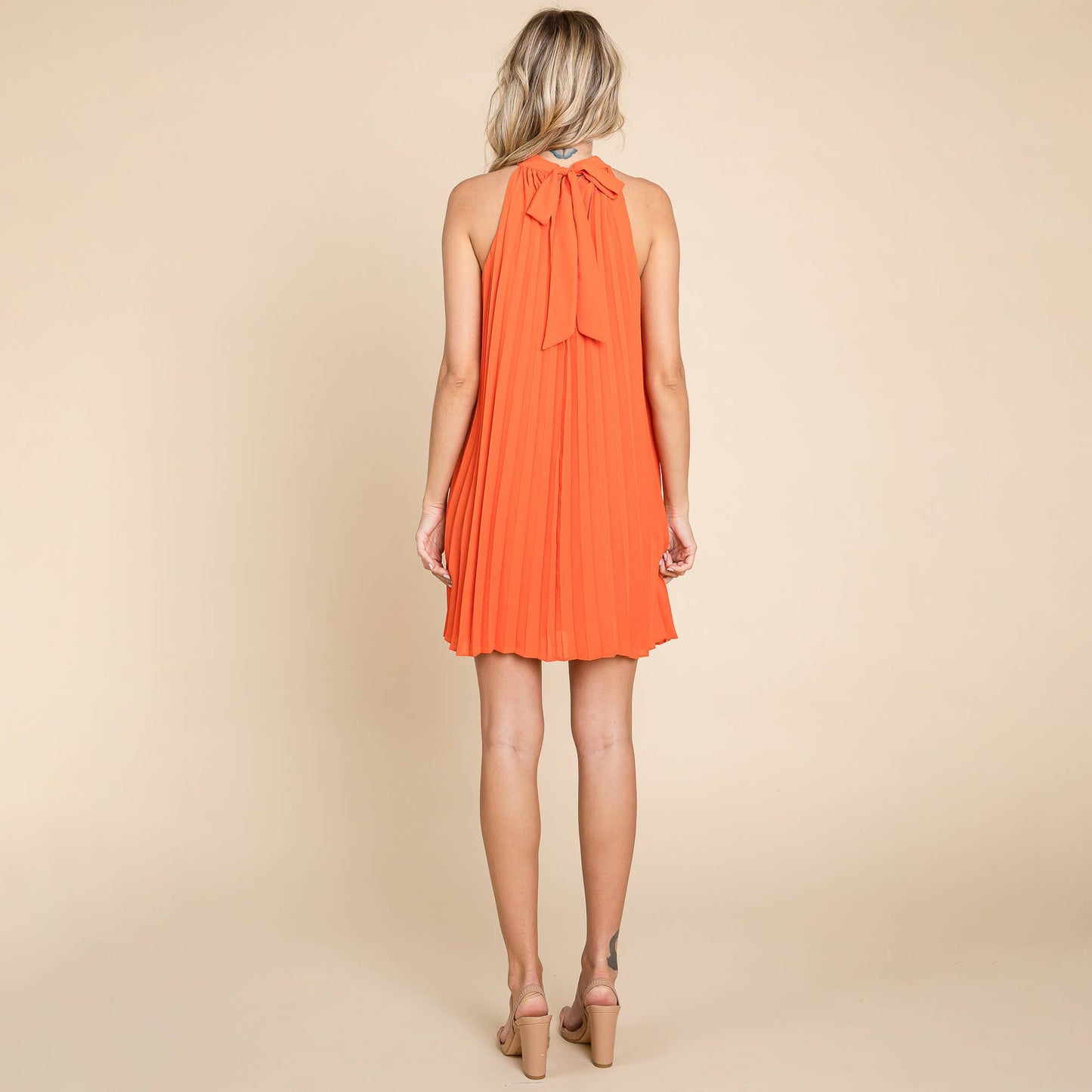 Halter Neck Pleated Mini Swing Dress