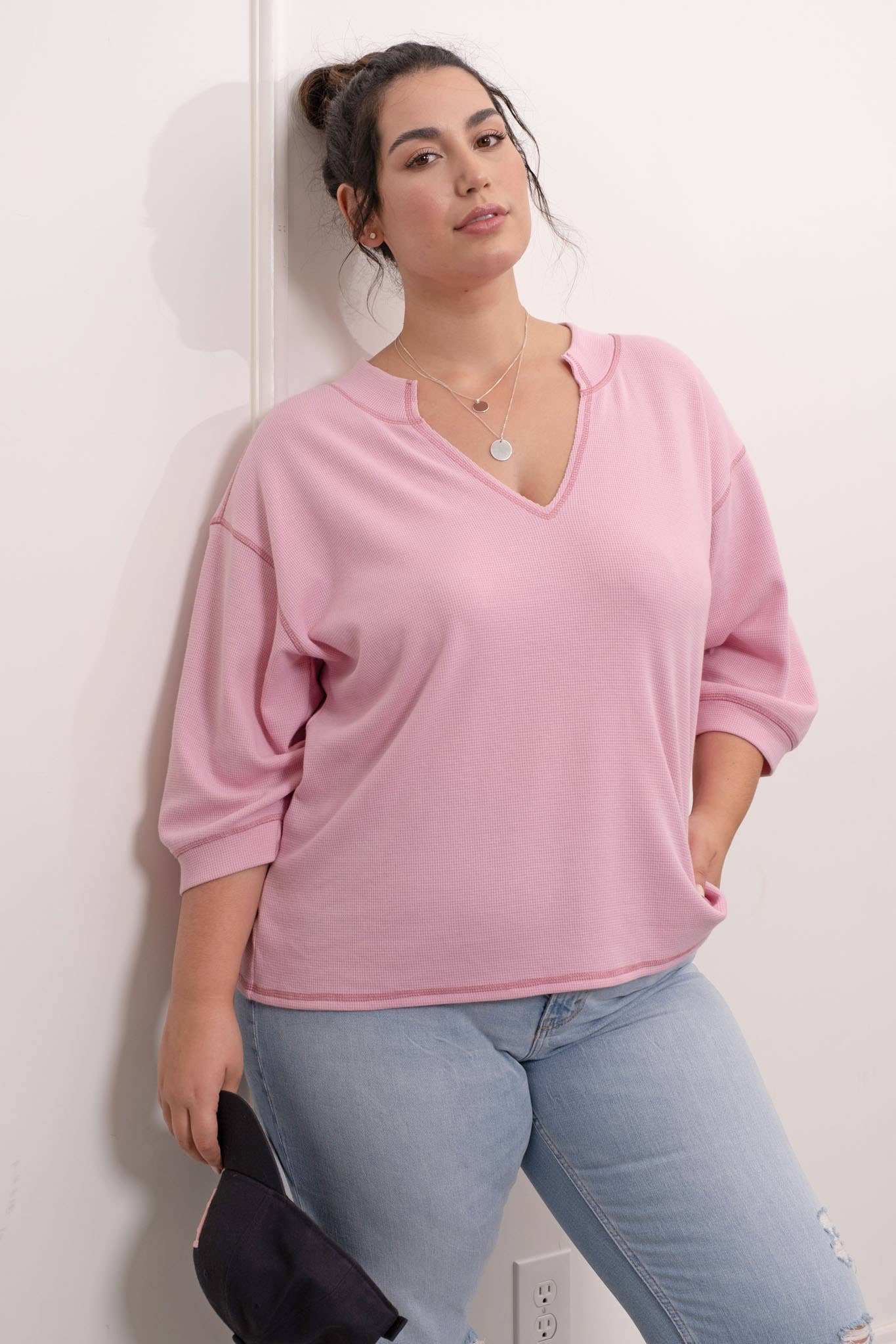 PLUS 3/4 SLEEVE KNIT TOP: PINK