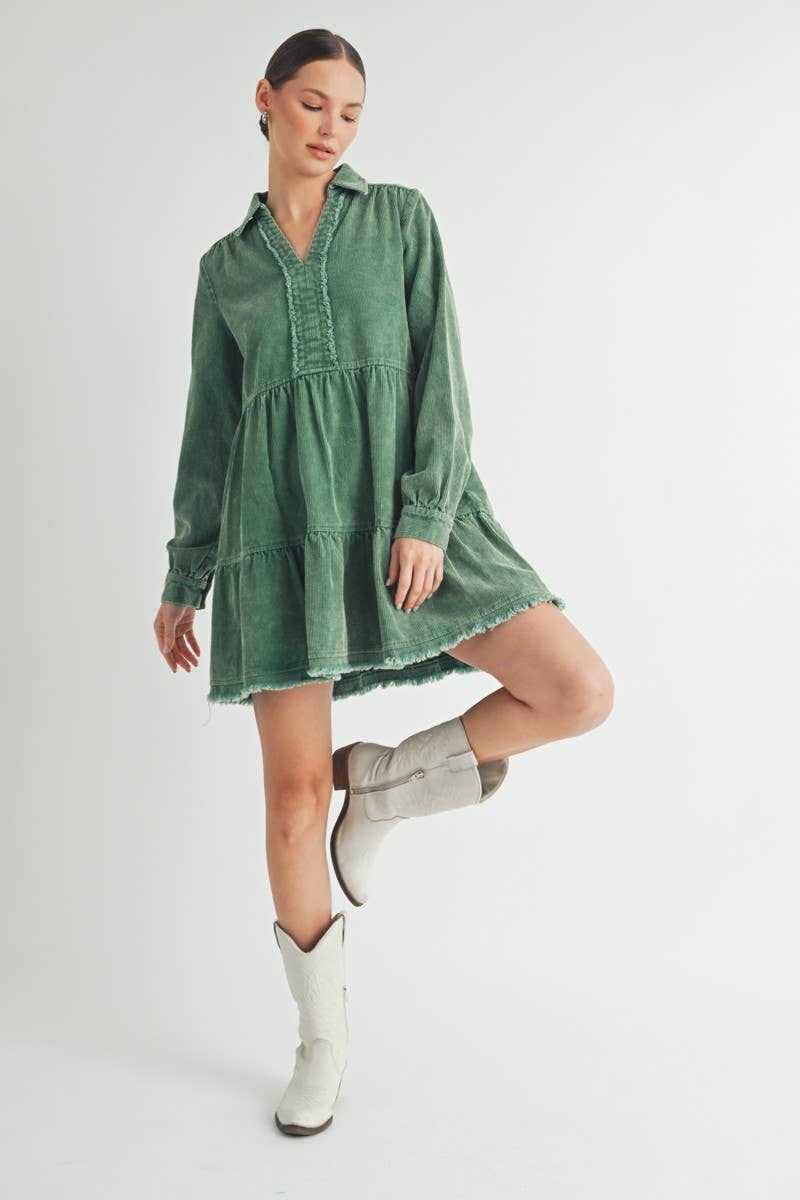 Mineral Wash Corduroy Tiered Dress