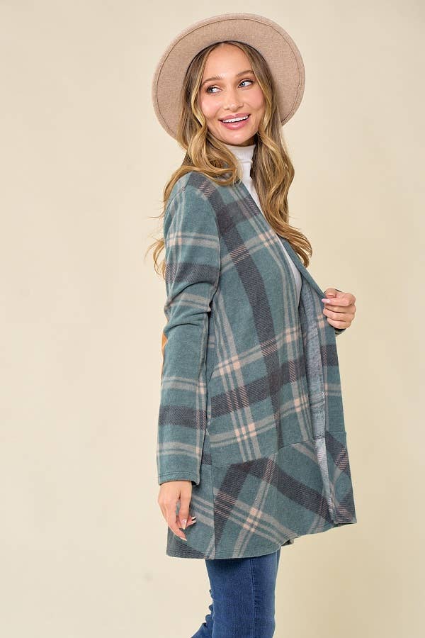 Plaid Hacci Cardi w Suede Elbow Patches