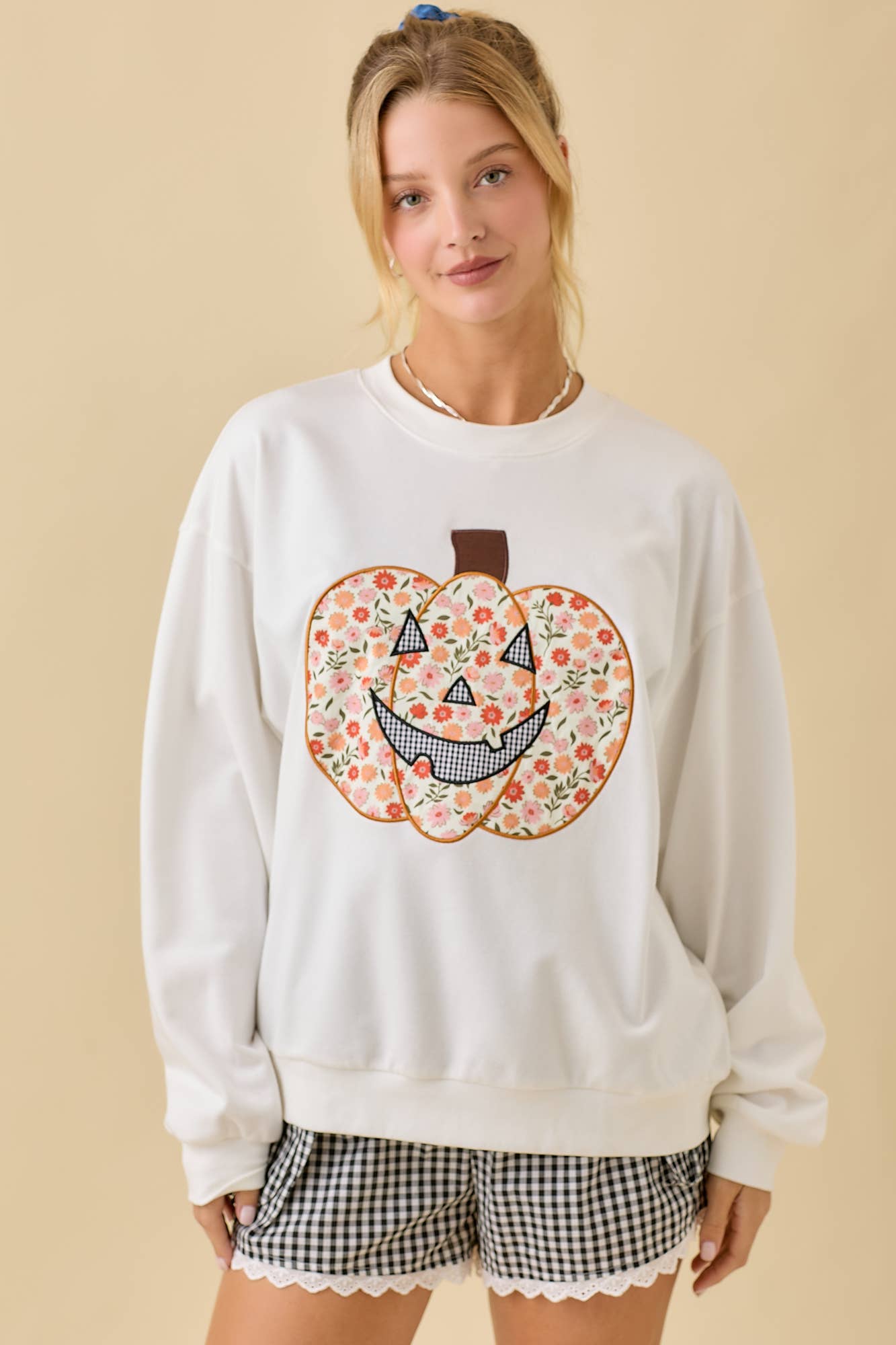 Crewneck With Floral Printed Pumpkin Patchwork