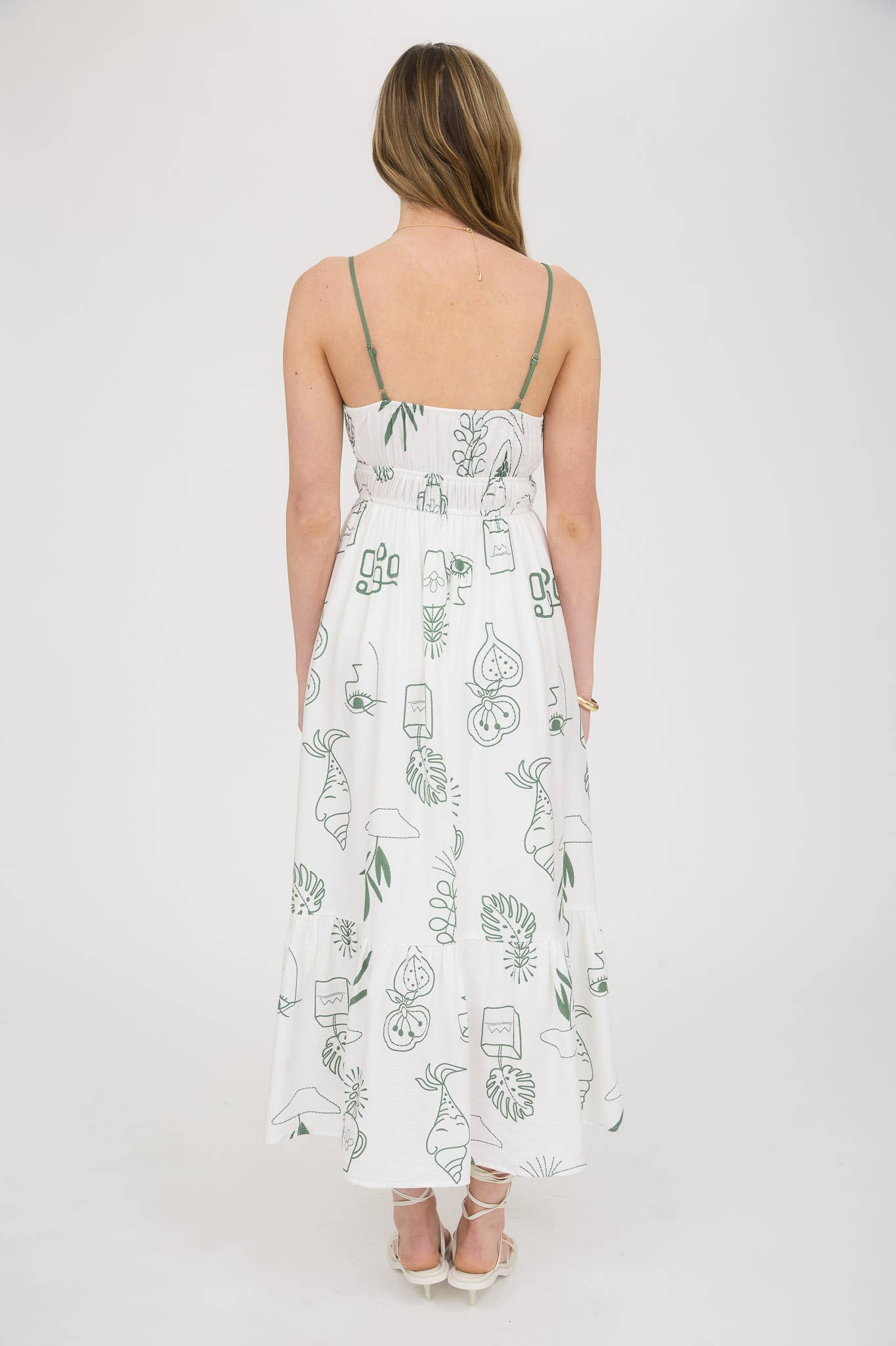 DOODLE LINE PRINT FRONT TIE DETAIL MIDI DRESS: MOSS GREEN
