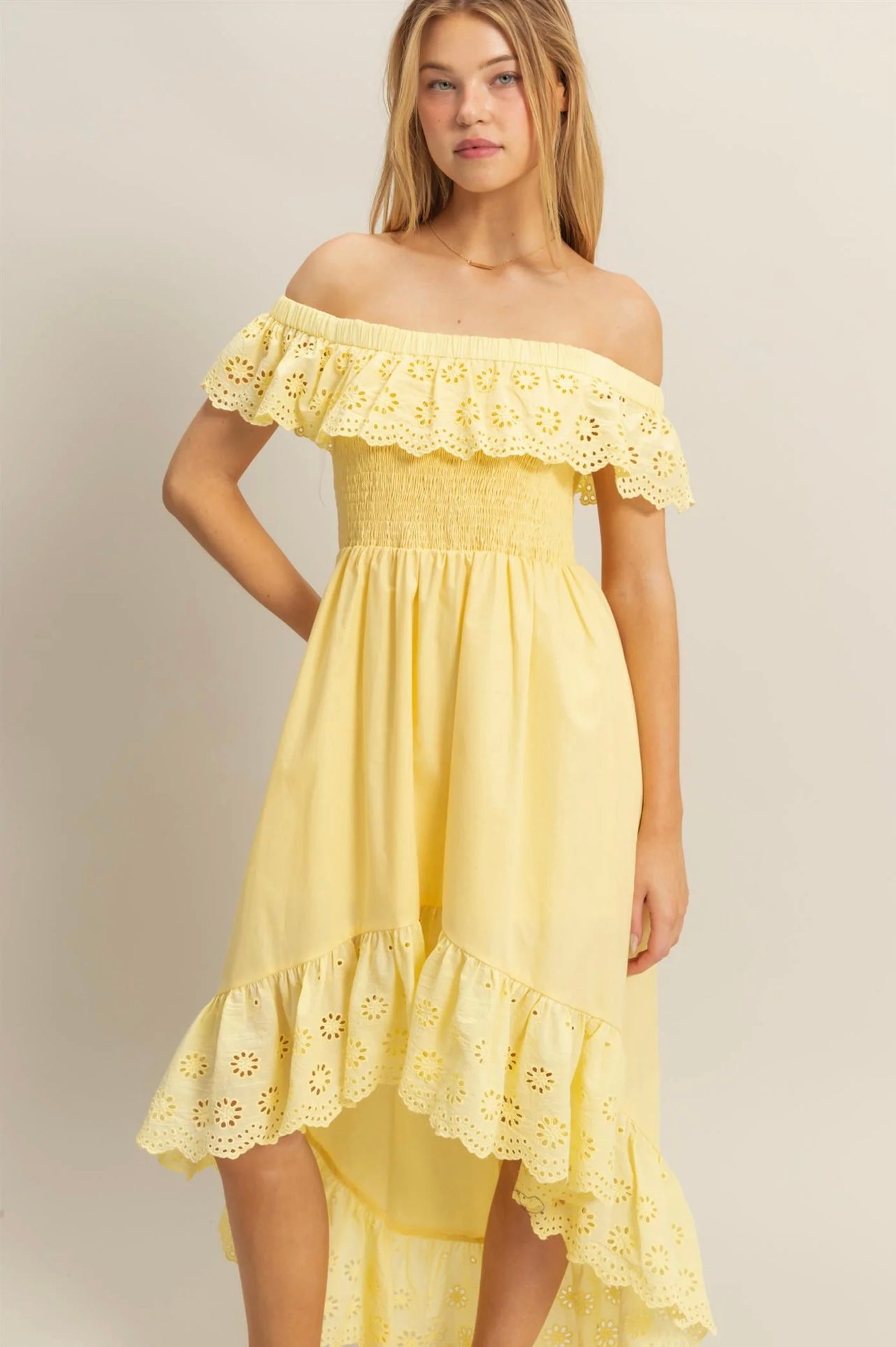 Smocked Bodice High-Low Hem Midi Dress