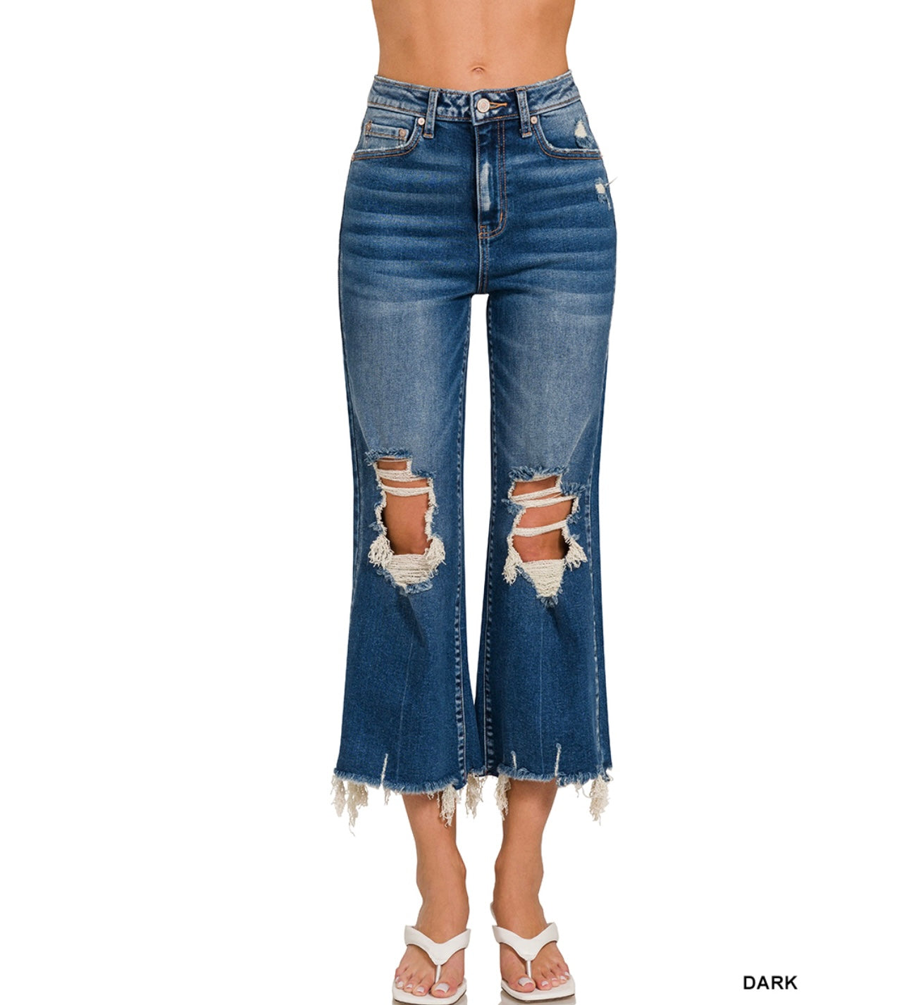 ZENANA DISTRESSED KNEE RAW FRAYED HEM CROPPED DENIM JEANS