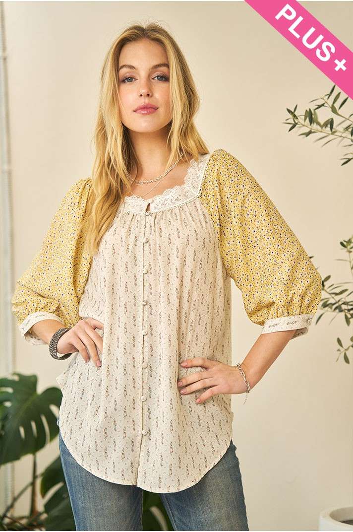 PLUS FLORAL PRINTED BUTTON DOWN LOOSE TOP