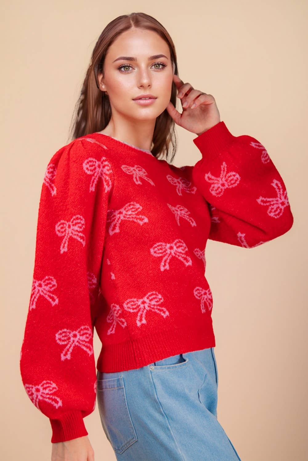 Bow Printed Puff Shoulder Knit Sweater