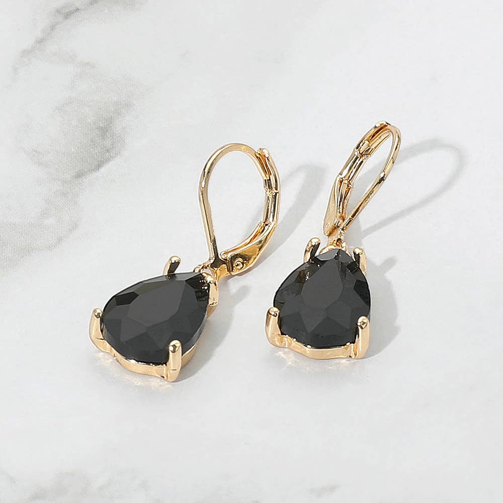 Teardrop Glass Stone Drop Dangle Earrings: Black