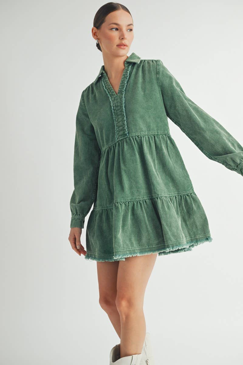 Mineral Wash Corduroy Tiered Dress