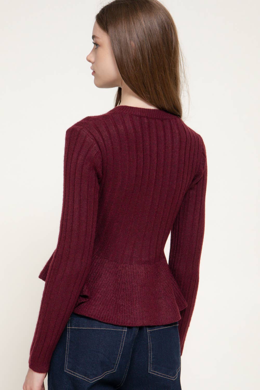 Round Neck Button Down Peplum Sweater Cardigan