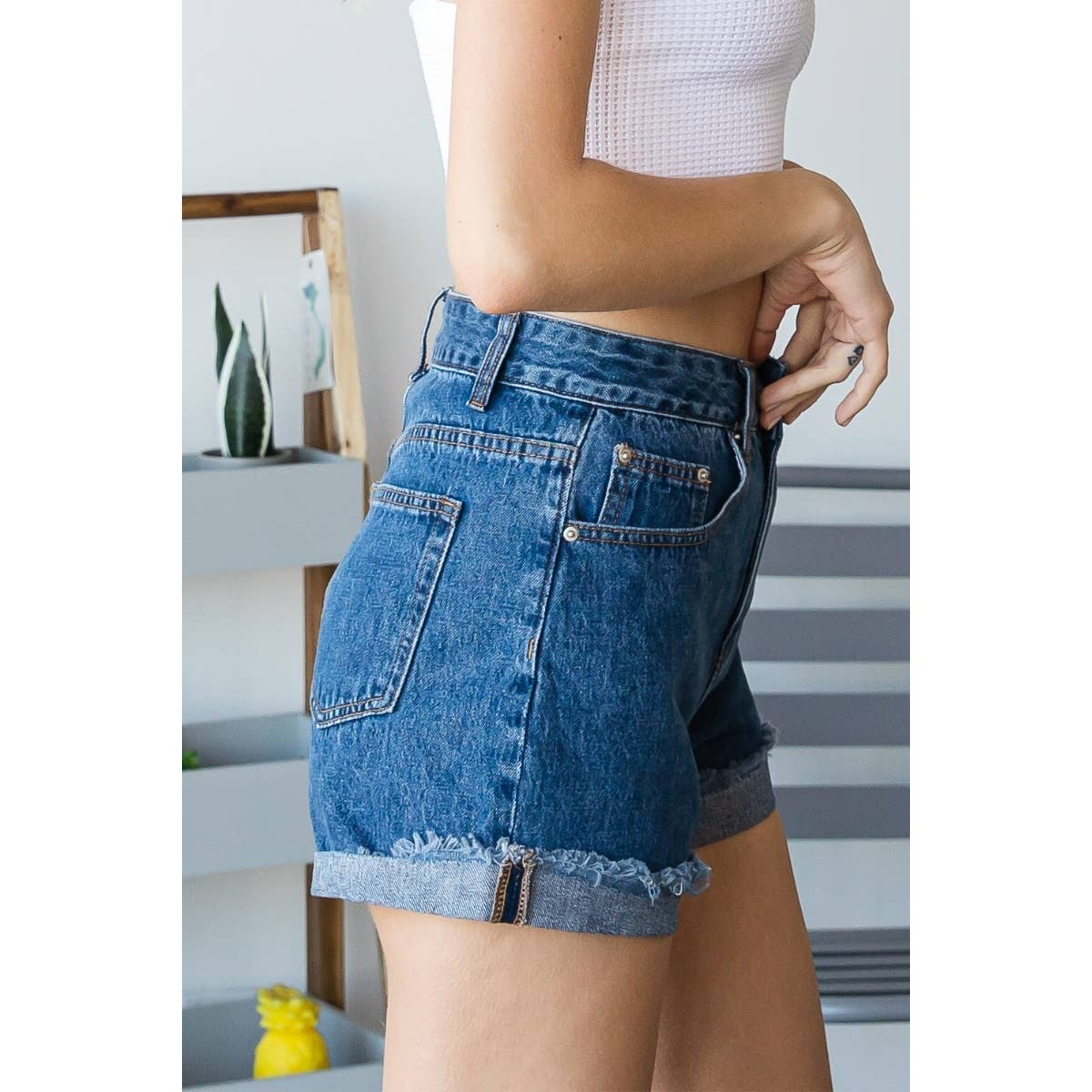 High Waist Folded Bottom Denim Shorts: Dark Wash