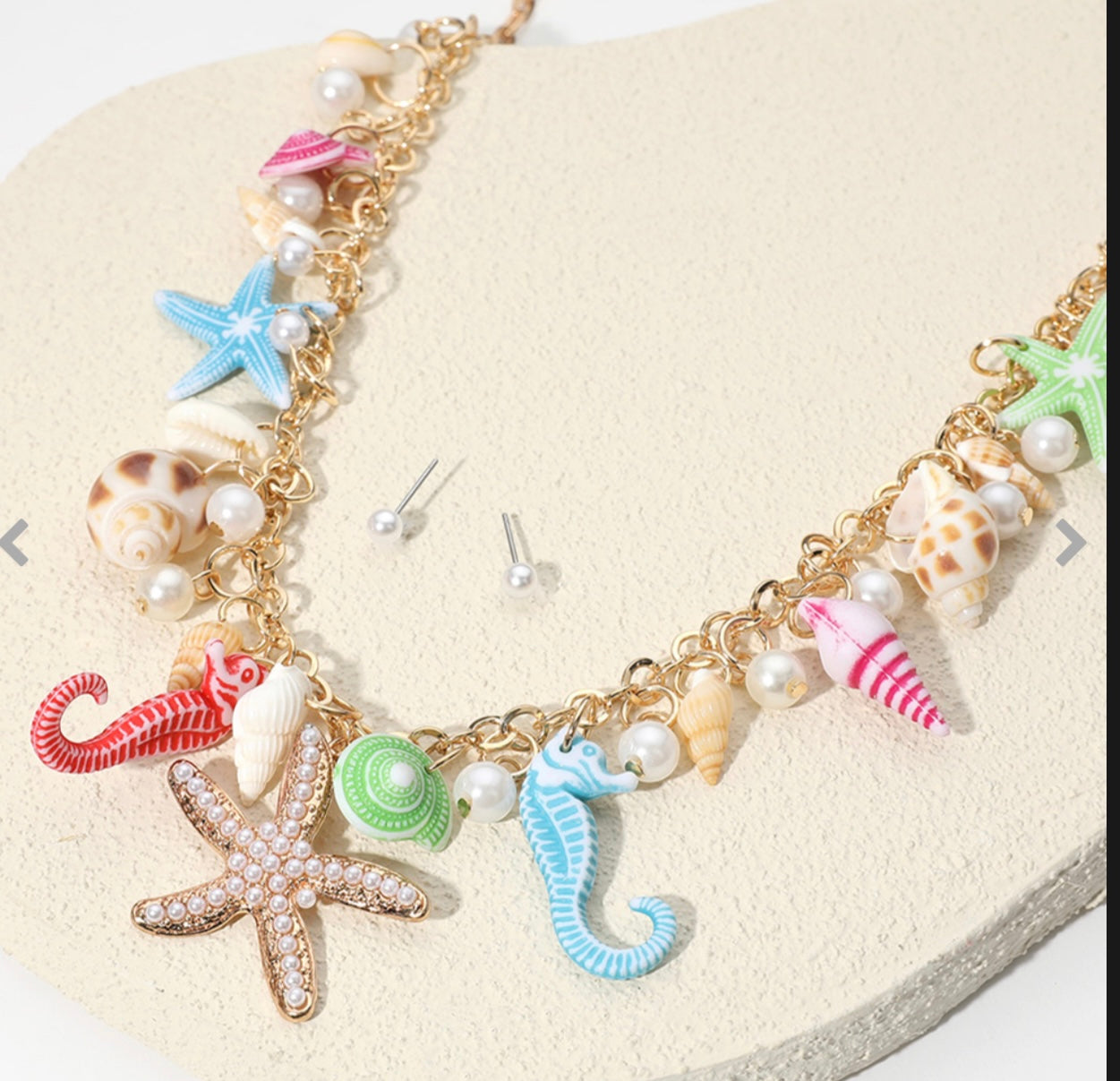 Pearl Starfish Seahorse Puka Shell Charm Embellished Necklace