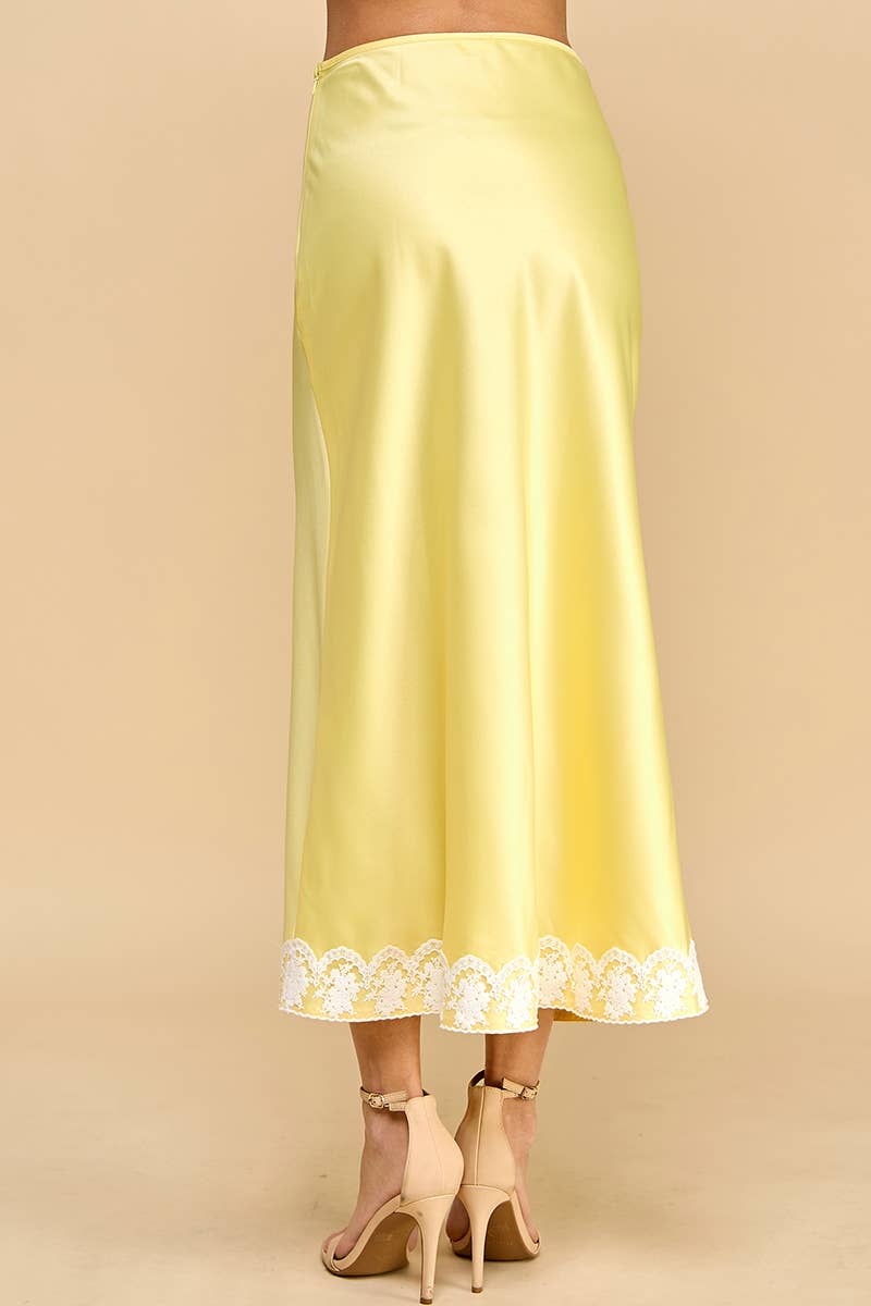 Satin Lace Hem Side Zipper Midi Skirt: Yellow