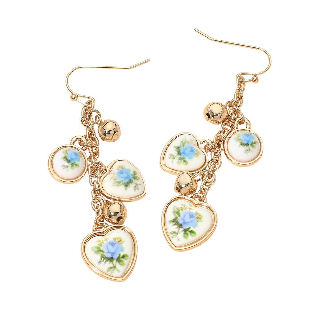 Vintage Floral Heart Charm Drop Earrings