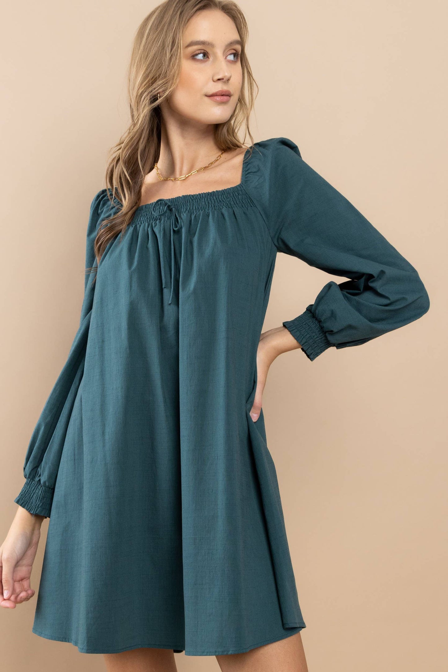 Smocked On-Off Shoulder Dress: Dark Teal