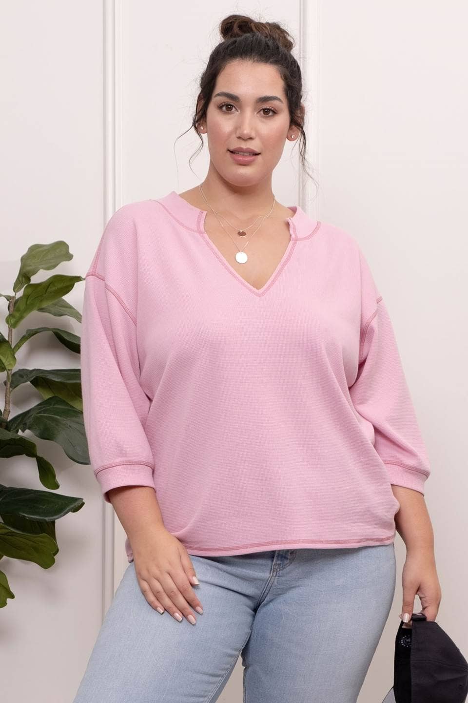 PLUS 3/4 SLEEVE KNIT TOP: PINK