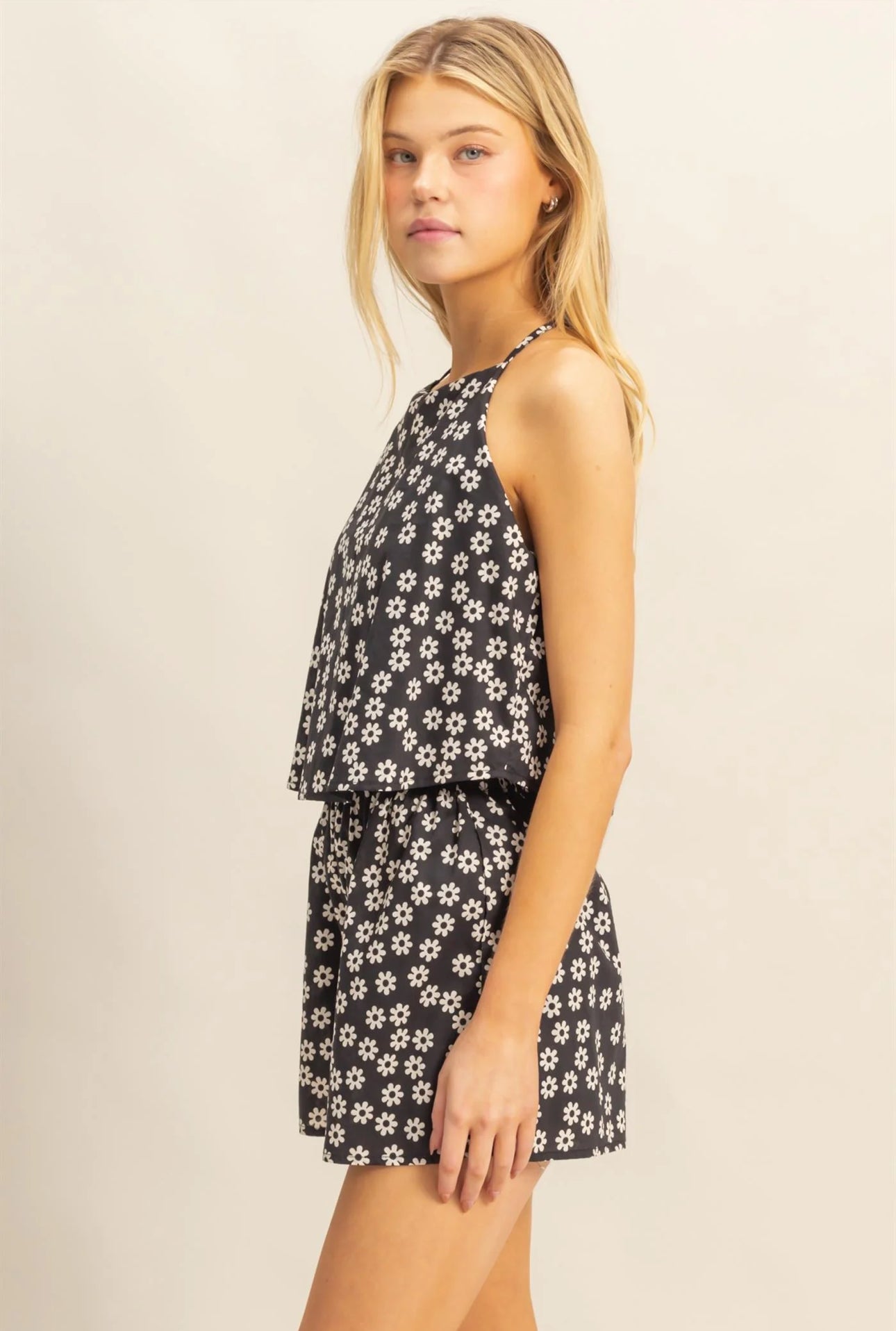 Ditsy Print Halter Neck Open Back Romper