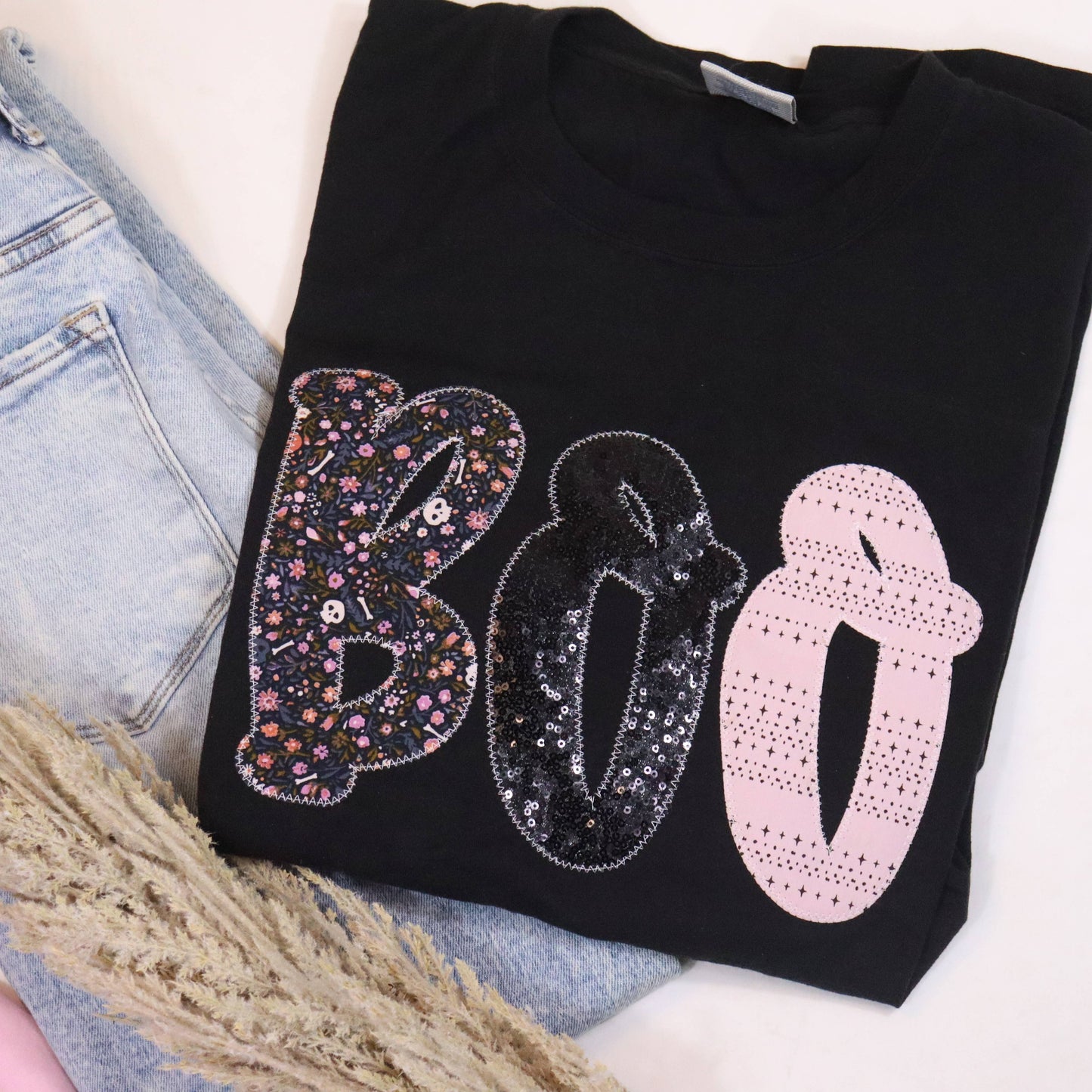 Black Boo Modge Podge Halloween Short Sleeve