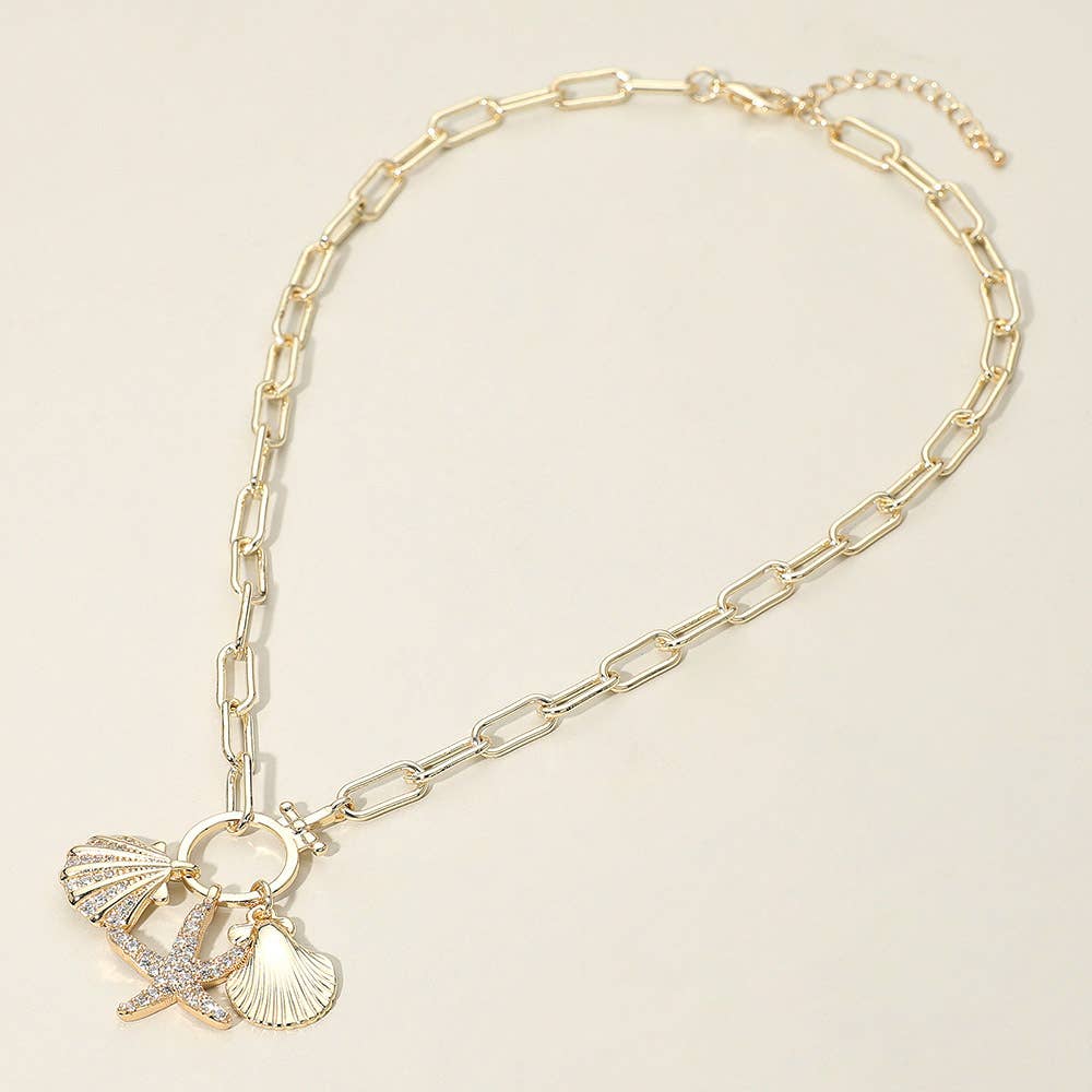 14k Gold Plated CZ Stone Paved Starfish Sea Shell Charm Pendant Industrial Chain Necklace: Gold