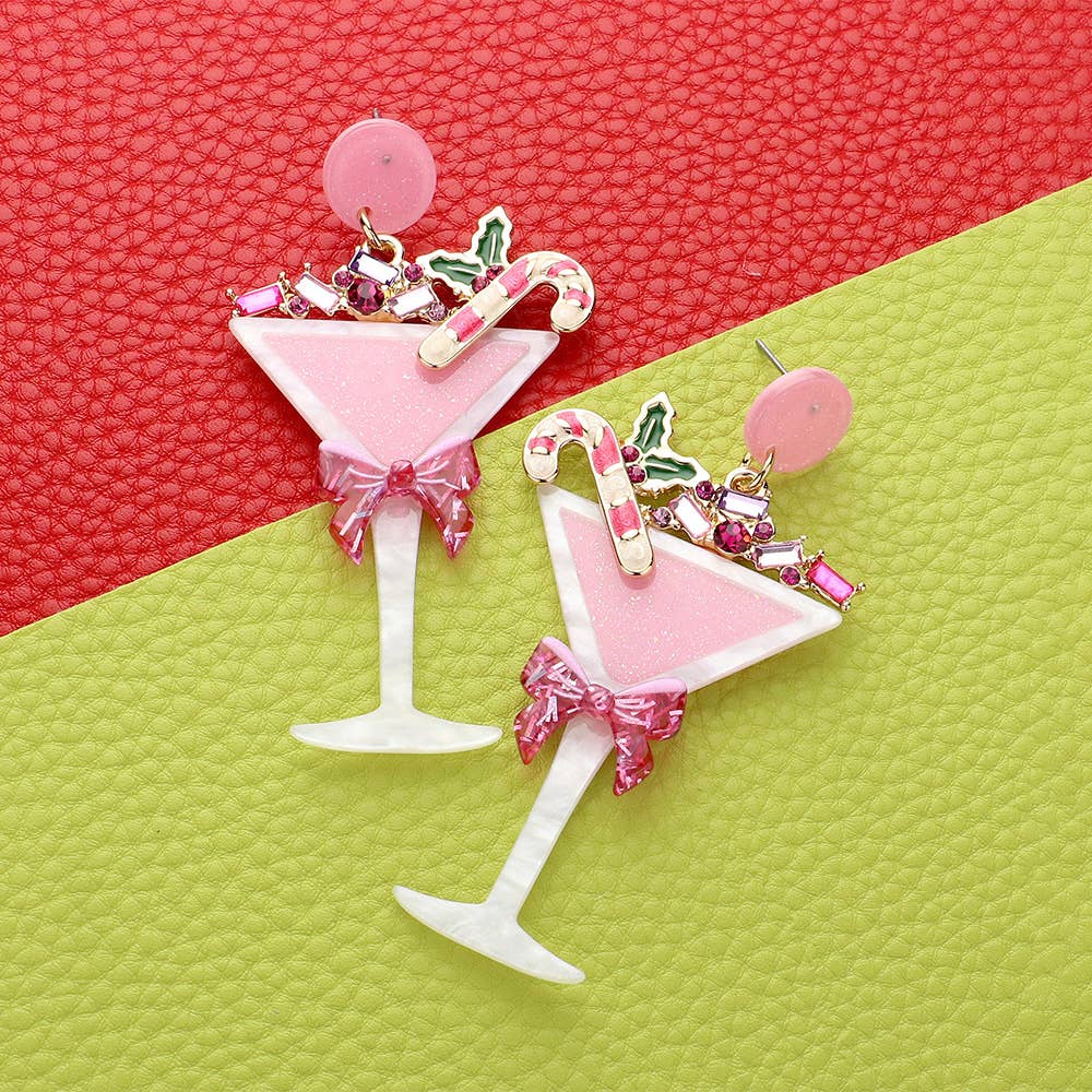 Stone Embellished Resin Christmas Cocktail Dangle Earrings: Pink