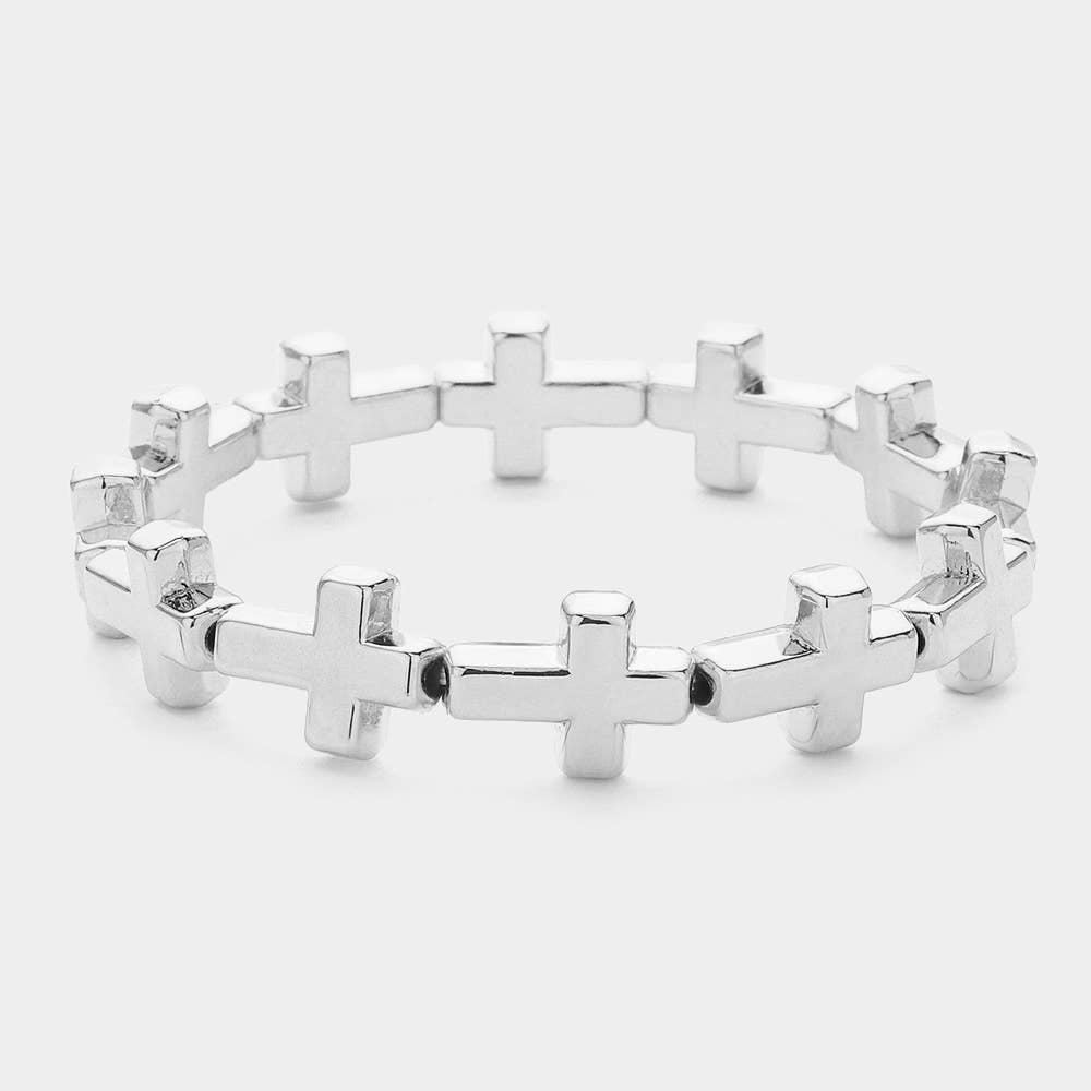 Metal Cross Beaded Stretch Bracelet: Gold