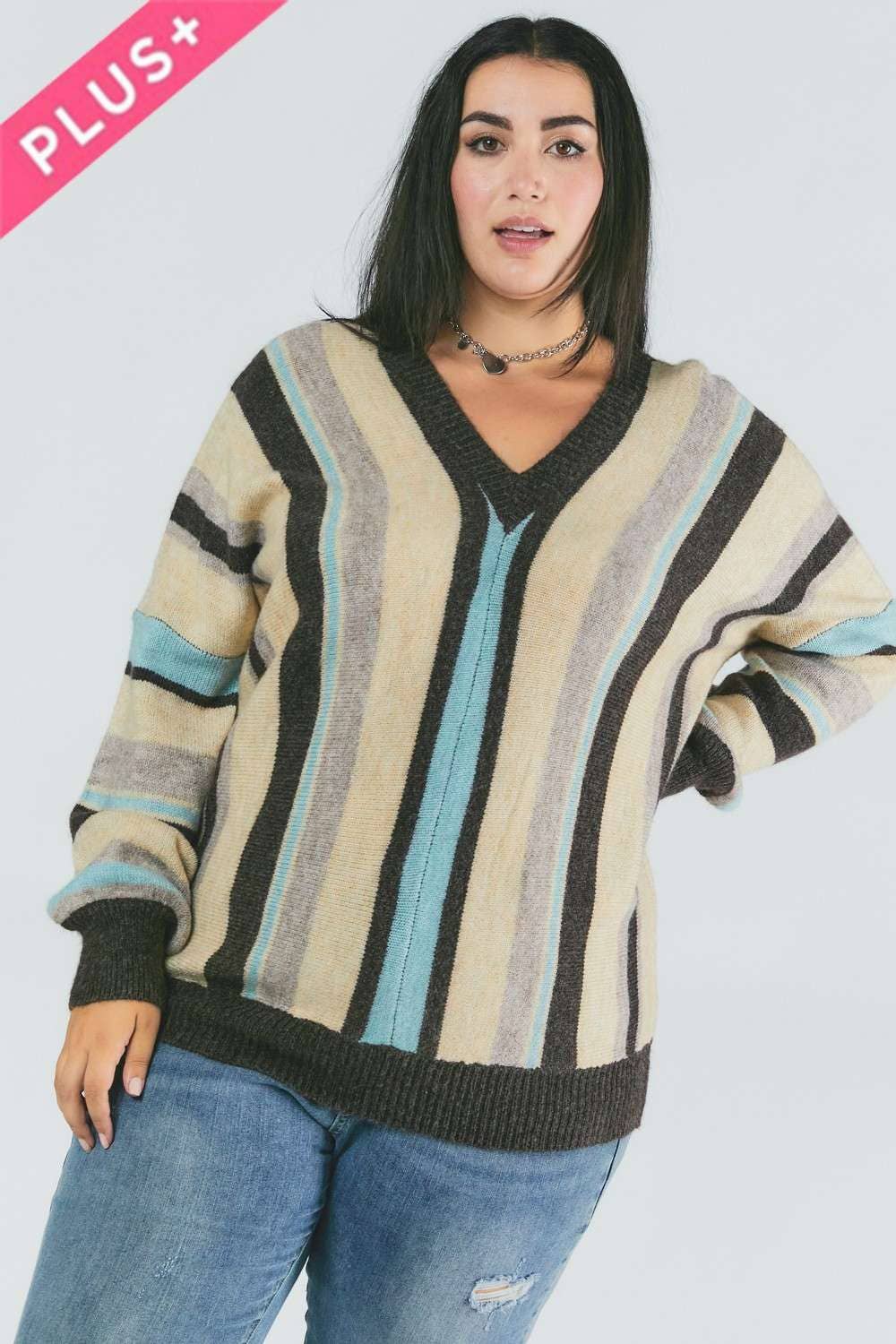 PLUS STRIPED V NECK SWEATER