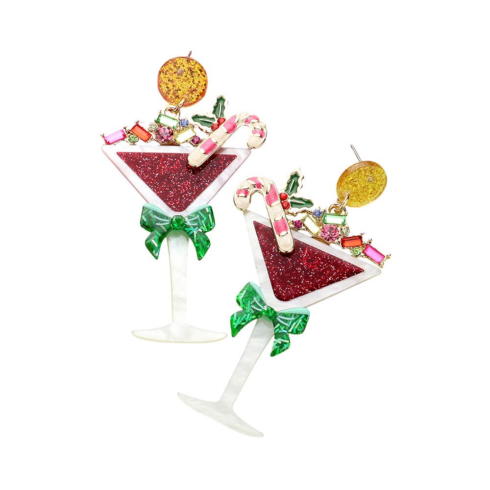 Stone Embellished Resin Christmas Cocktail Dangle Earrings: Pink