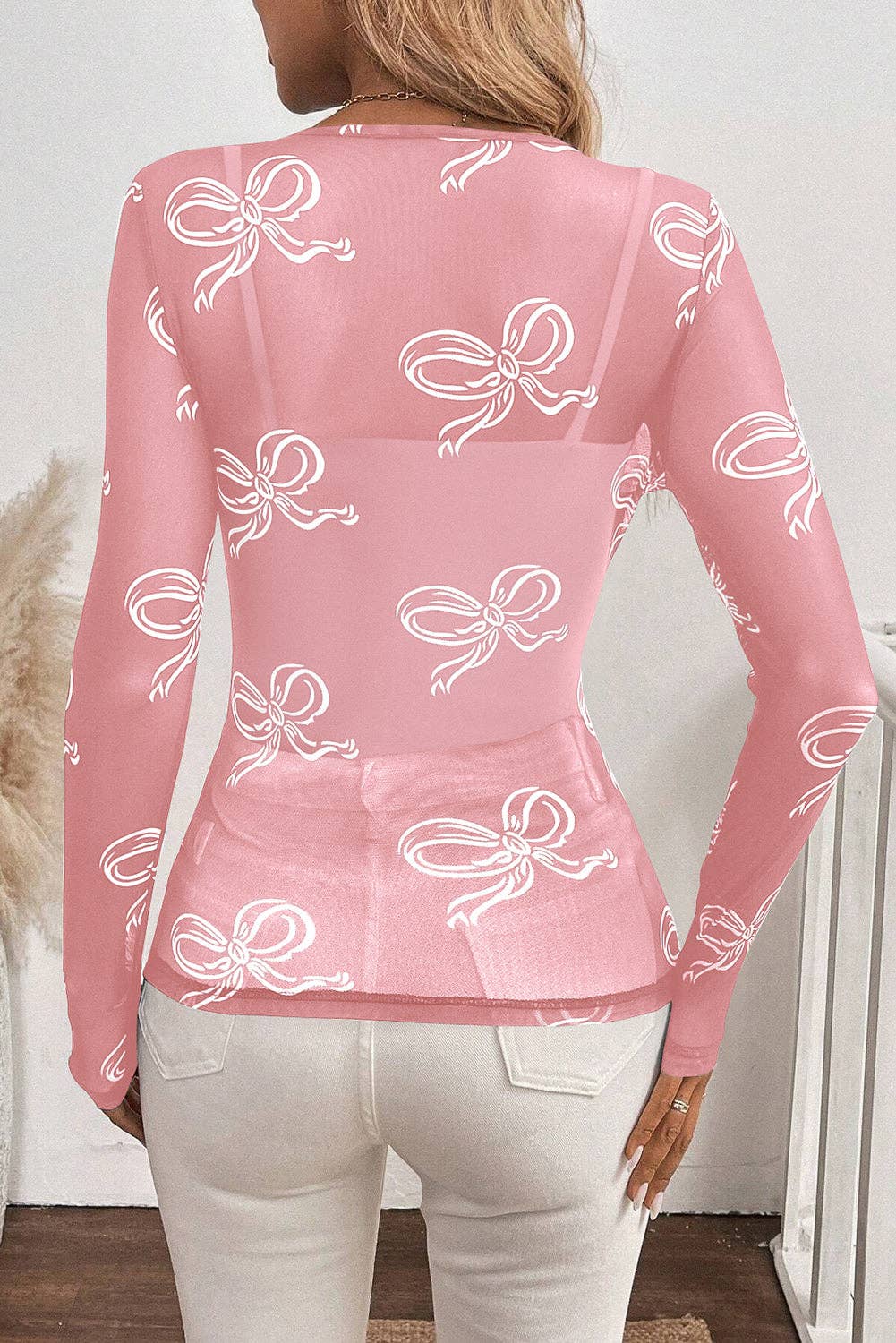 Big Bow Print Long Sleeve Mesh Top