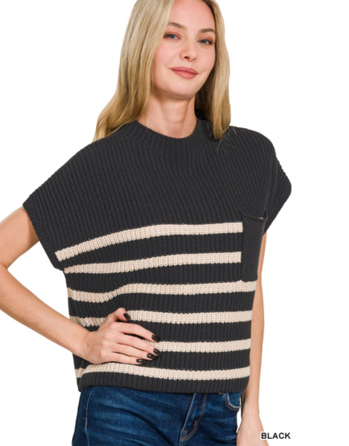 SHORT SLEEVE STRIPE SWEATER