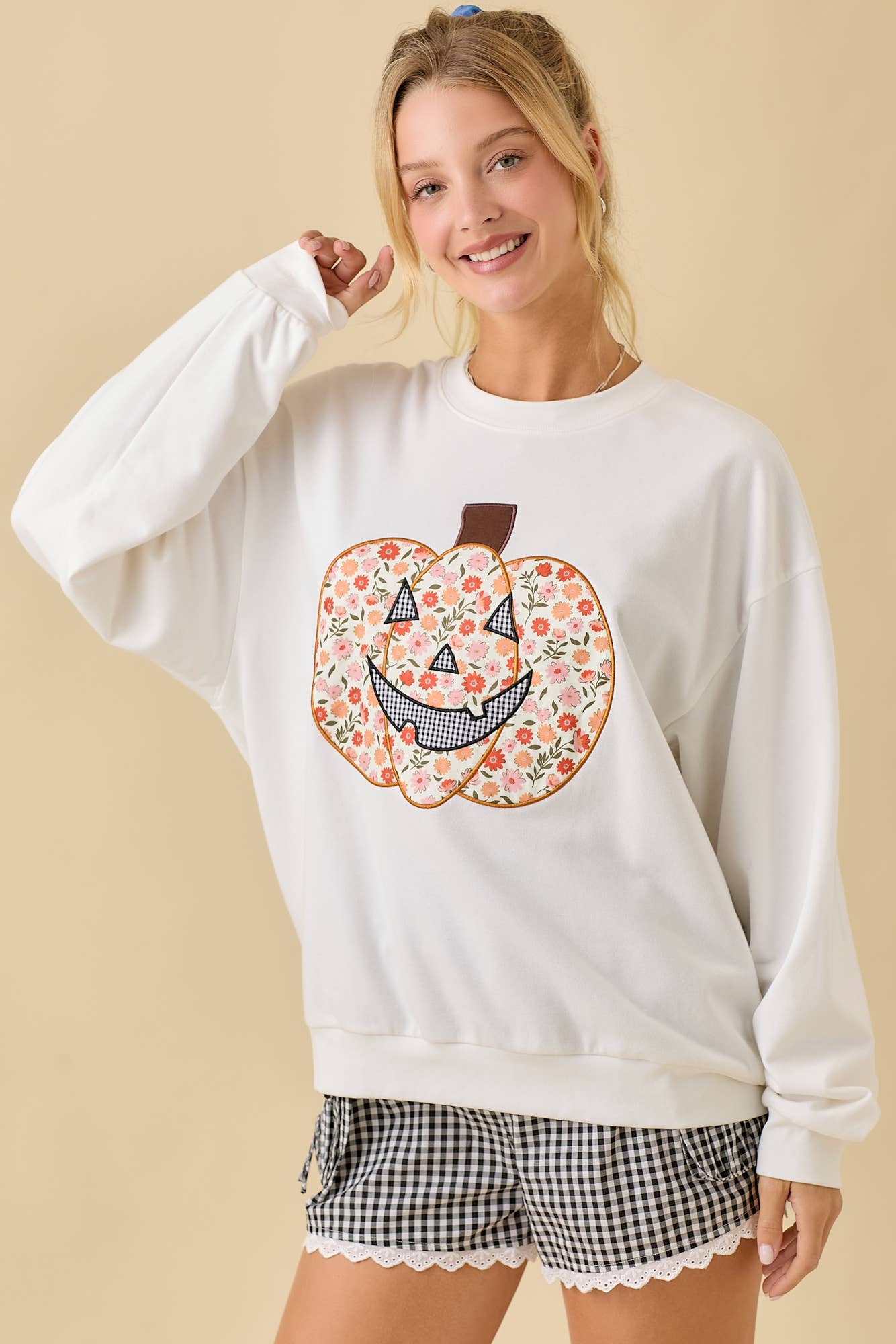 Crewneck With Floral Printed Pumpkin Patchwork