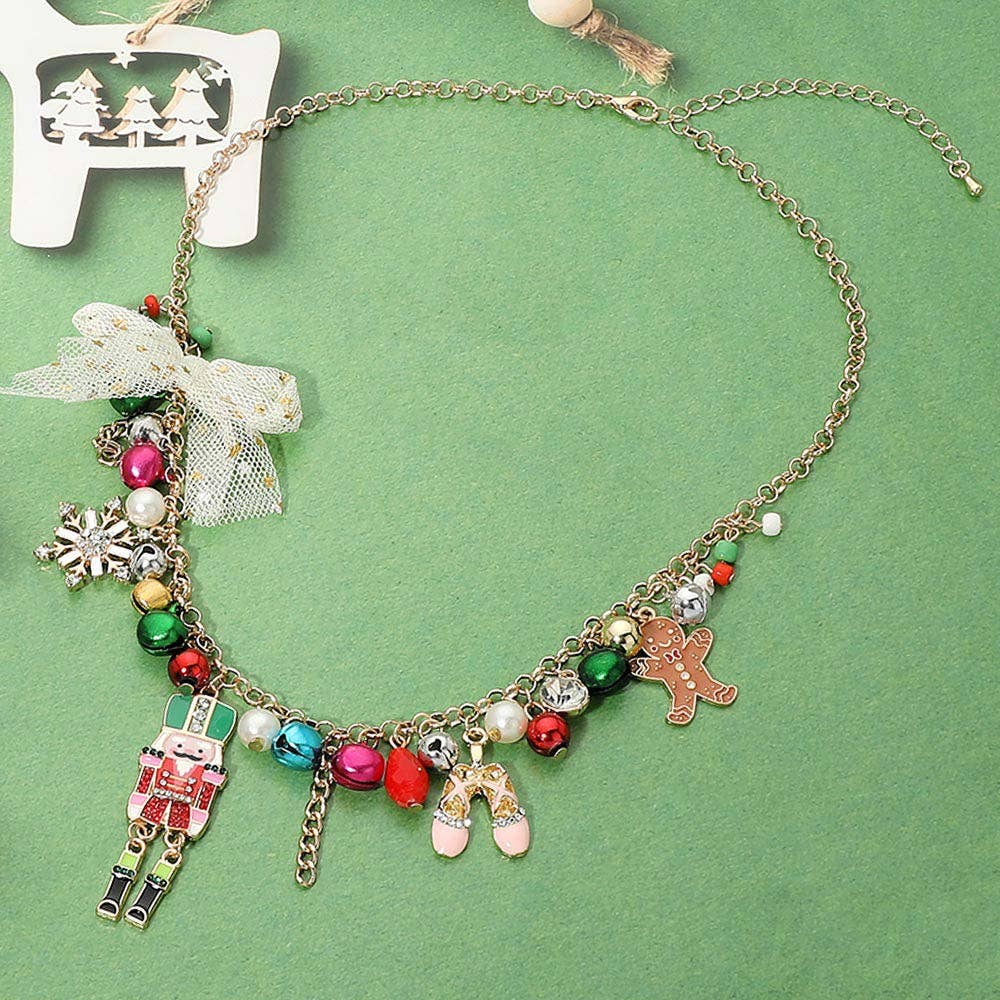 Christmas Nutcracker Snowflake Gingerbread Man Bow Charm Embellished Necklace