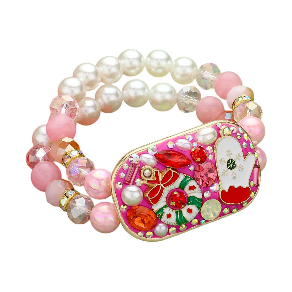 Christmas Plate Pointed Pearl Beaded Stretch Bracelet