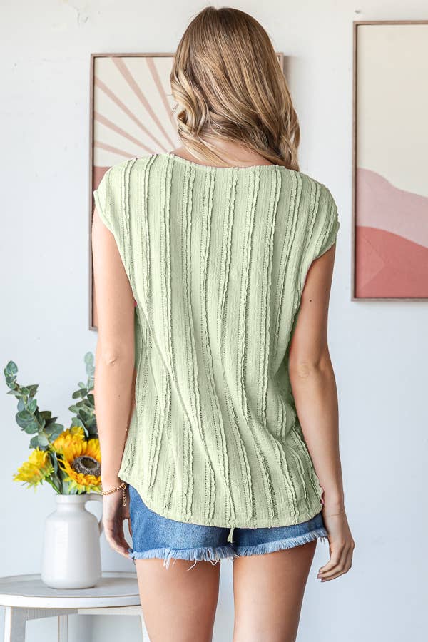 Lightweight Stripe Textured Cap Sleeves Top: Sage