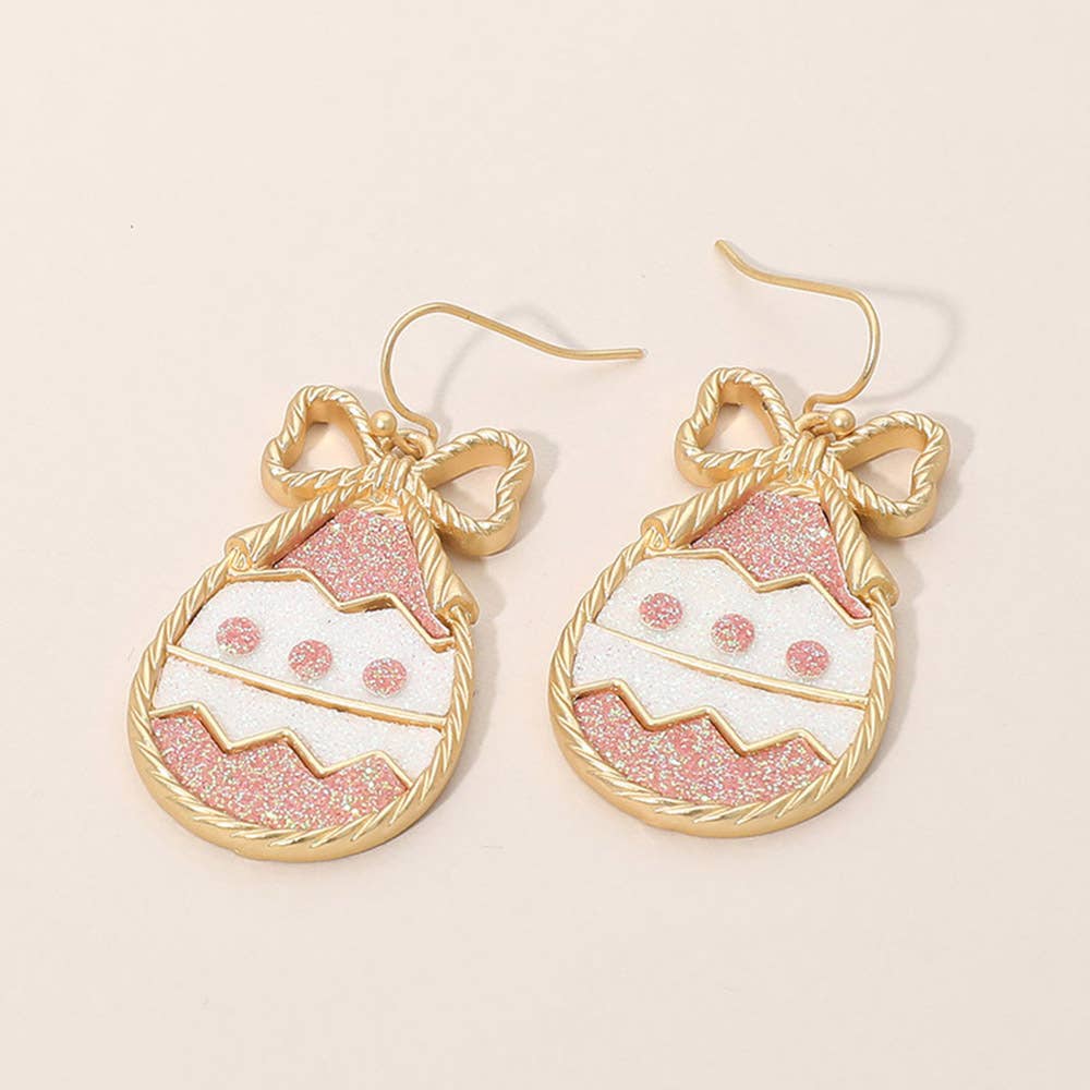 Bow Glitter Easter Egg Dangle Earrings: Pink