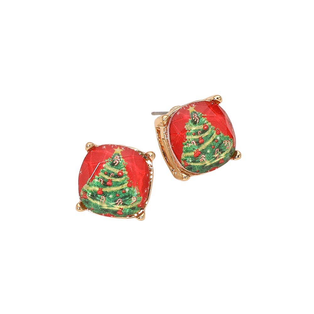 Christmas Tree Cushion Square Stud Earrings