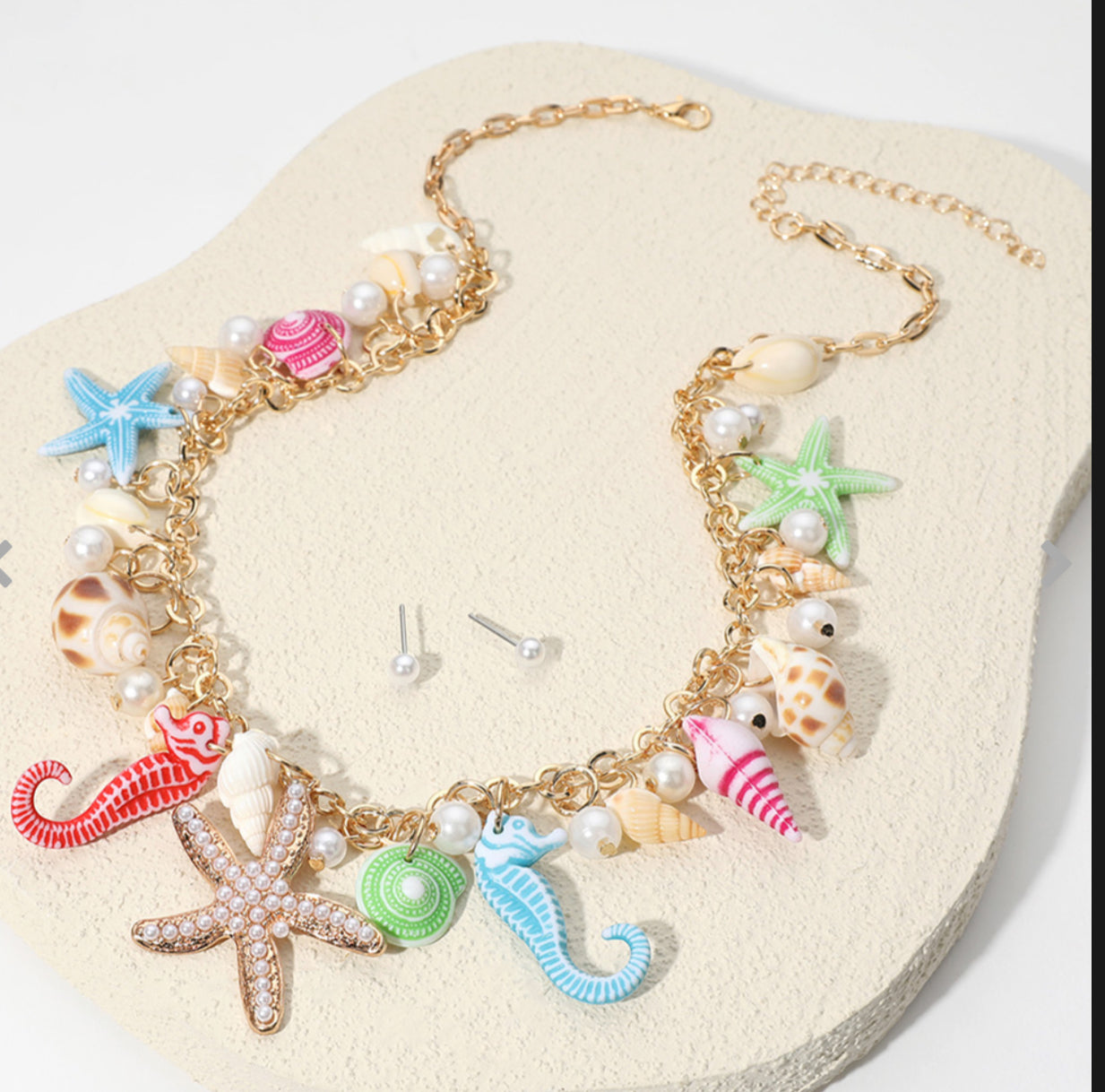 Pearl Starfish Seahorse Puka Shell Charm Embellished Necklace