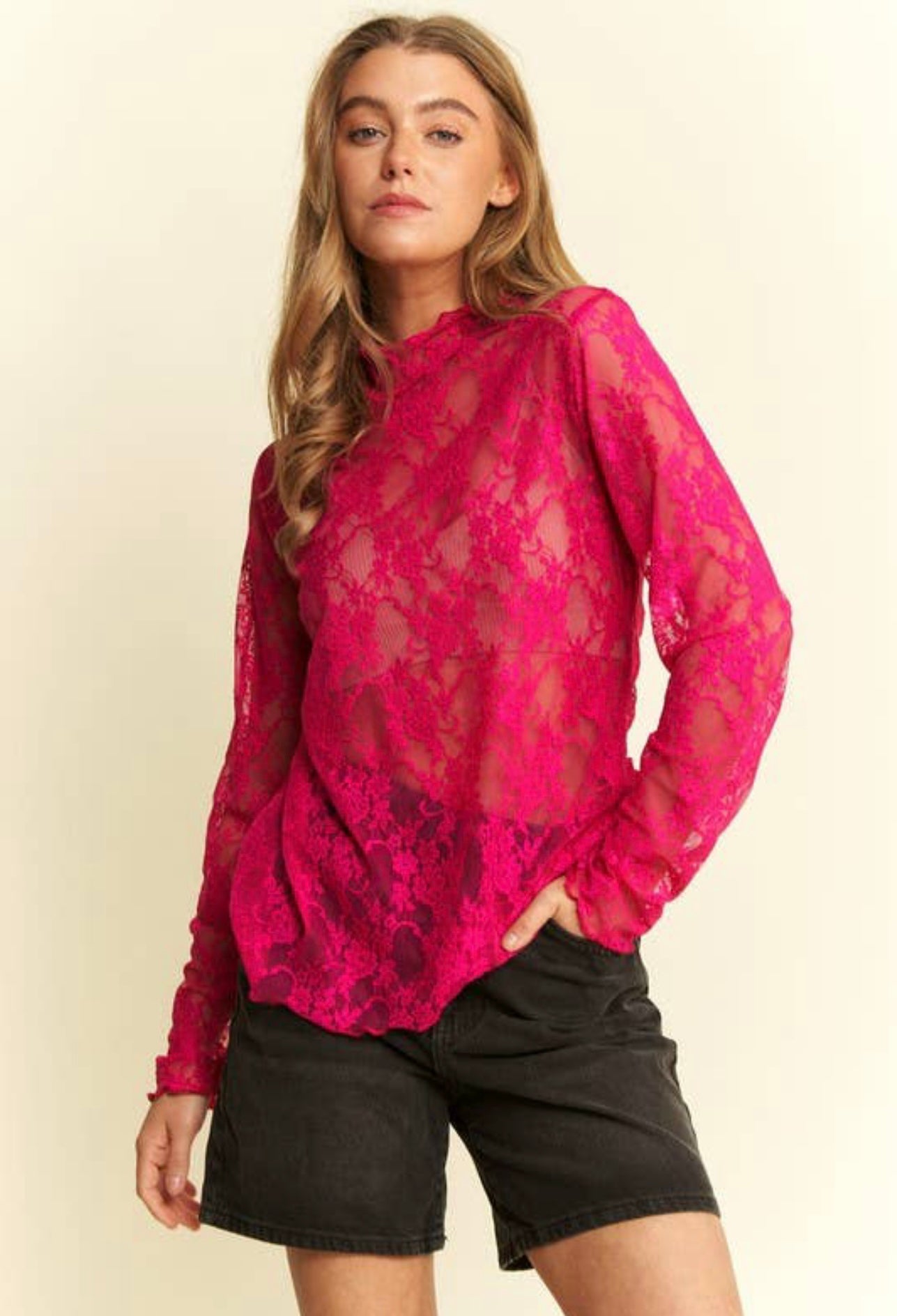 Floral print lace long sleeves mesh top
