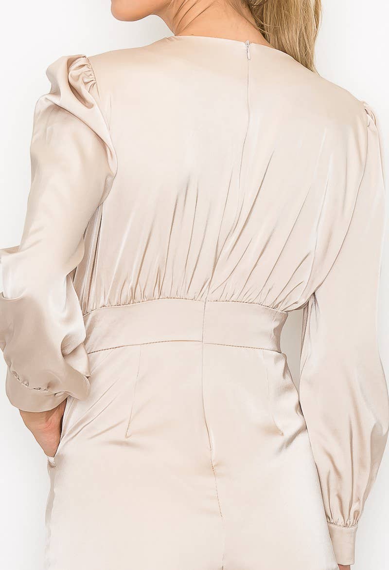 Button Detail Long Sleeve Romper: Champagne
