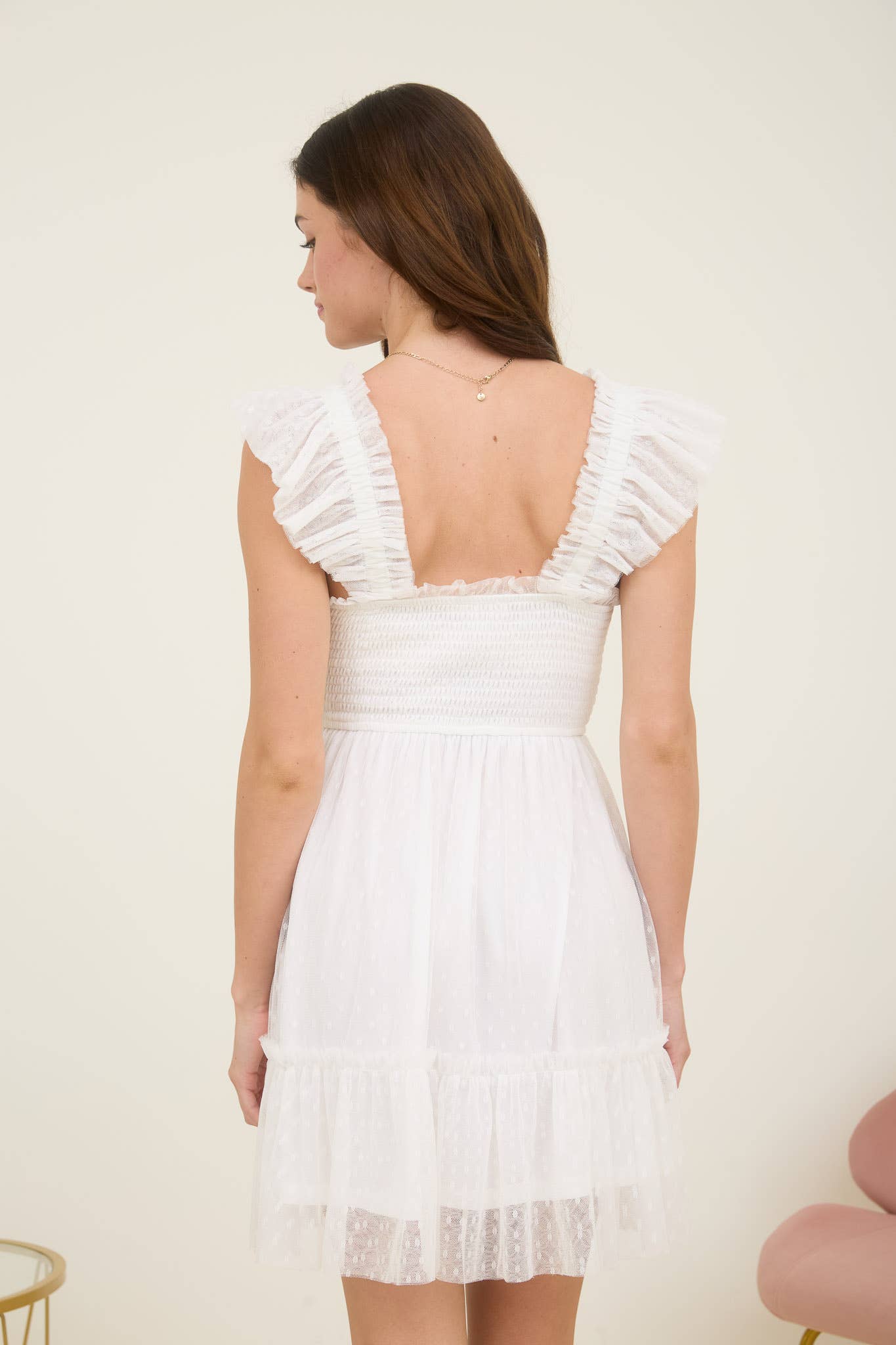 POLKA DOT CHIFFON SMOCKED RUFFLE DETAIL MINI DRESS: WHITE