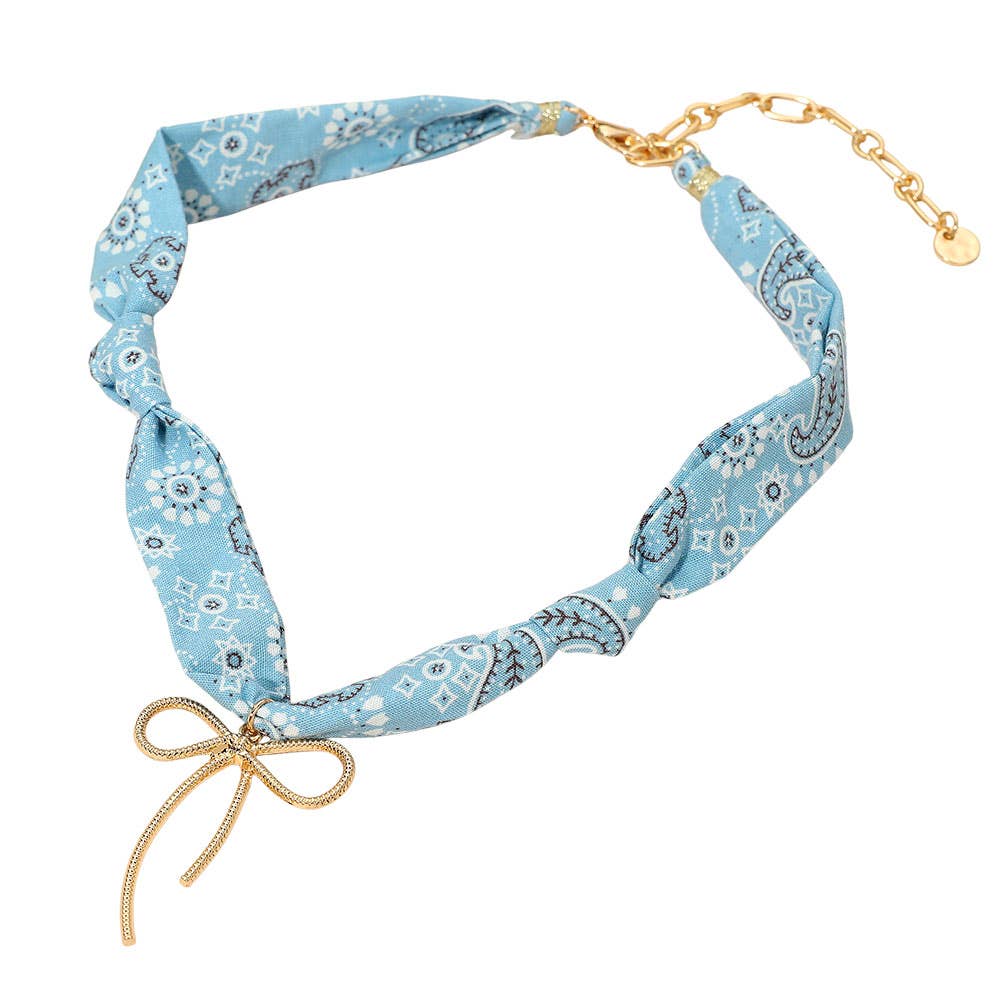 Metal Wire Bow Pendant Fabric Paisley Scarf Necklace