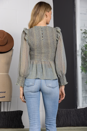 SAGE RUFFLED SHIRRING PEPLUM LONG SLEEVE TOP