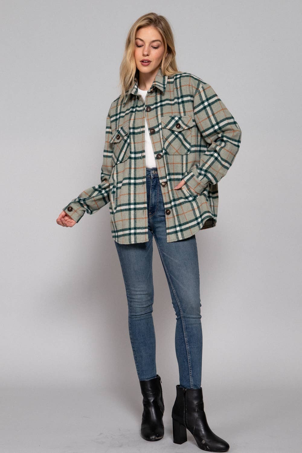 Long Sleeve Wool Blend Plaid Button Down Casual Jacket :black/brown