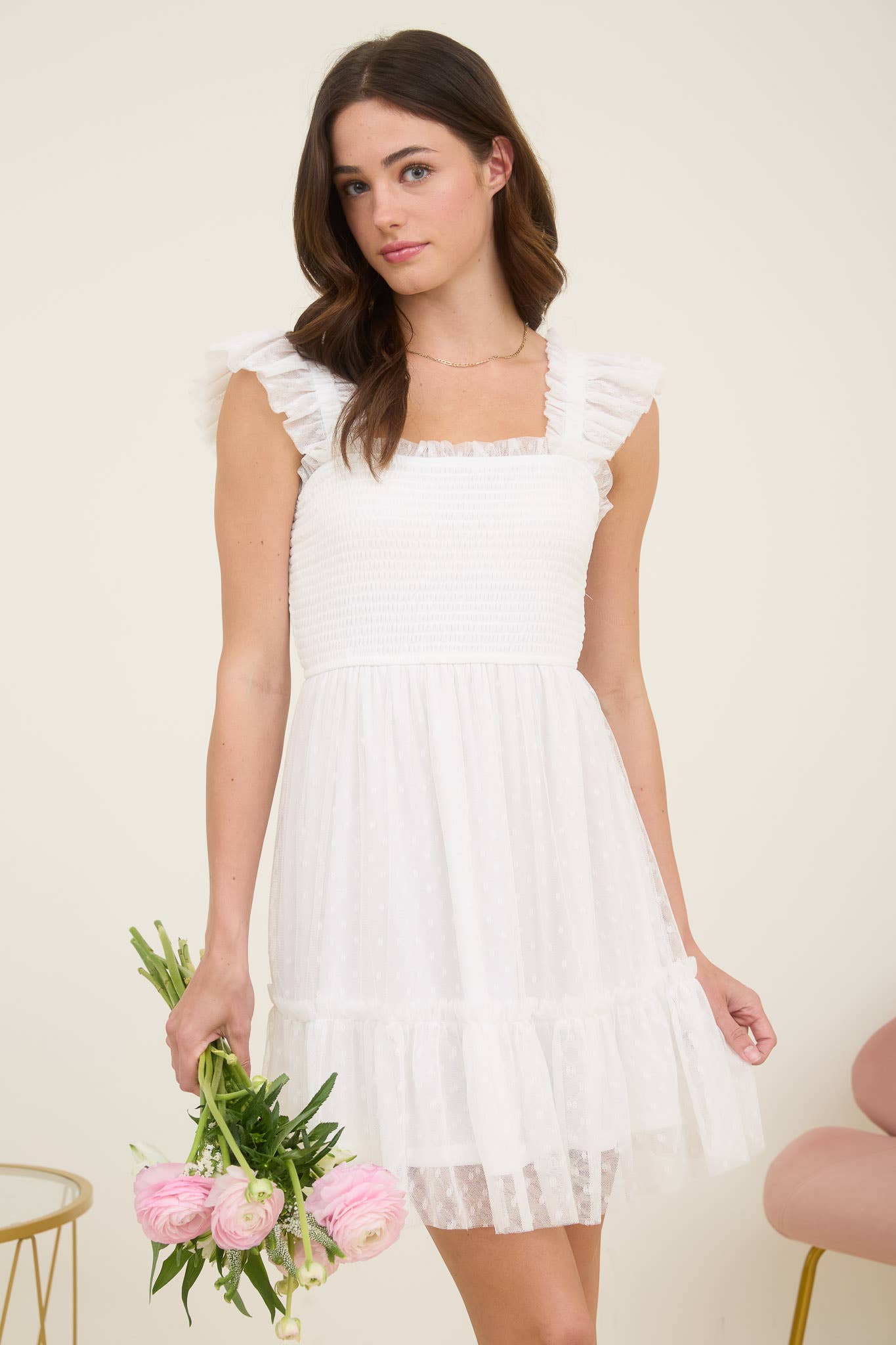 POLKA DOT CHIFFON SMOCKED RUFFLE DETAIL MINI DRESS: WHITE