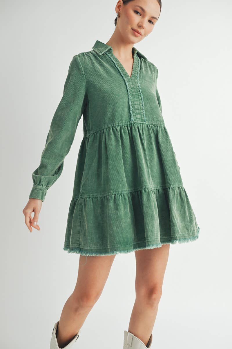 Mineral Wash Corduroy Tiered Dress