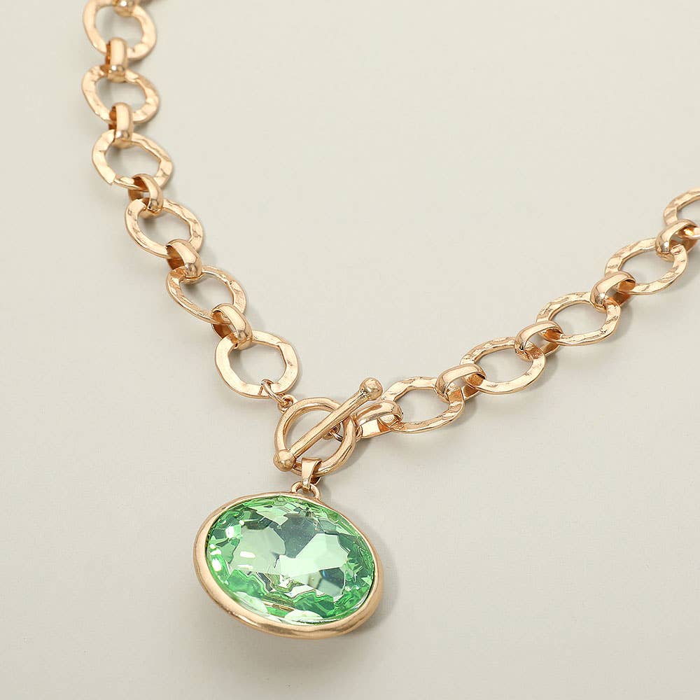 Bold Oval Gemstone Pendant Brushed Metal Chunky Chain Toggle Necklace: Green