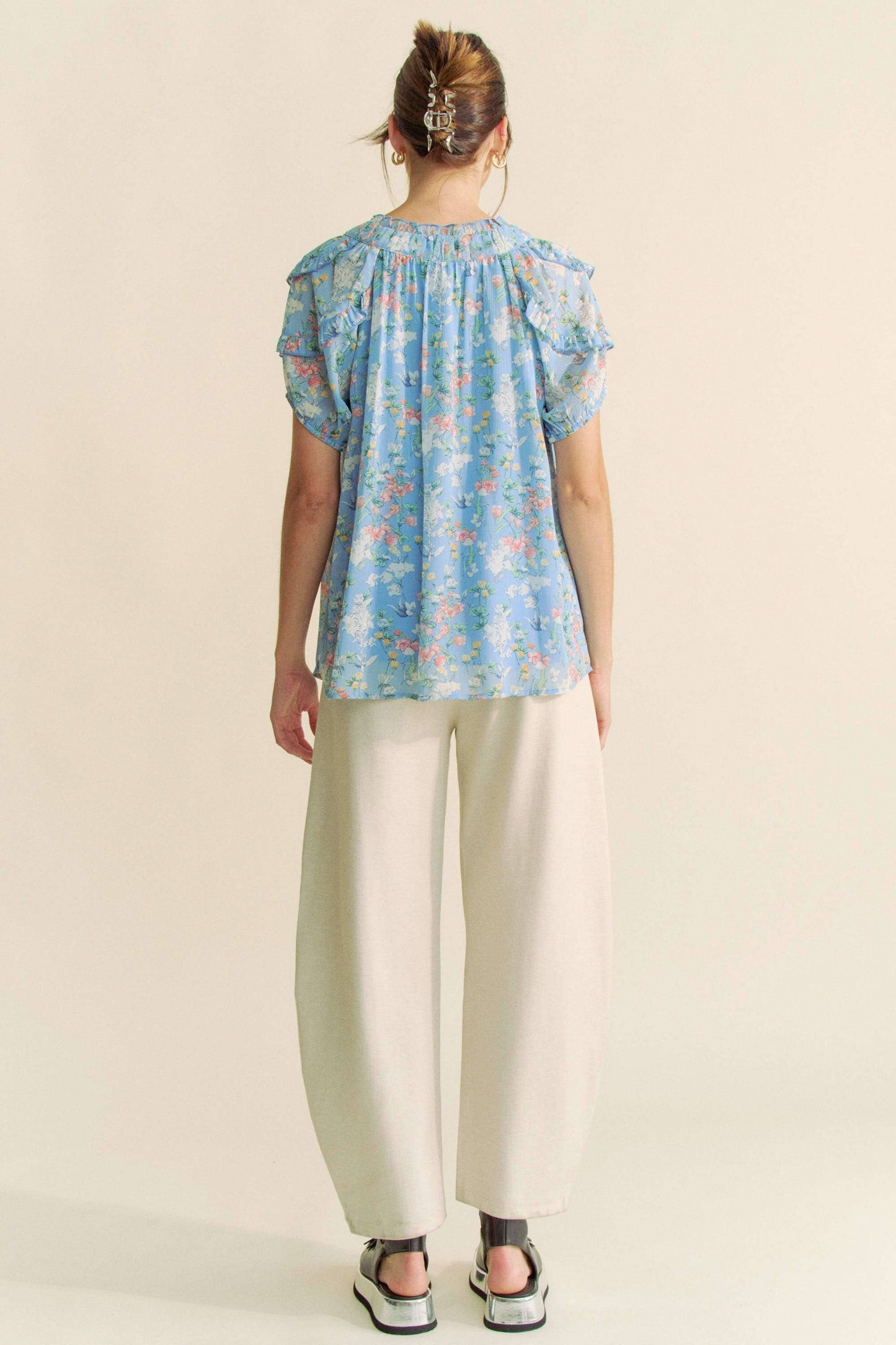 PRINTED RUFFLE SHORT SLEEVE TOP