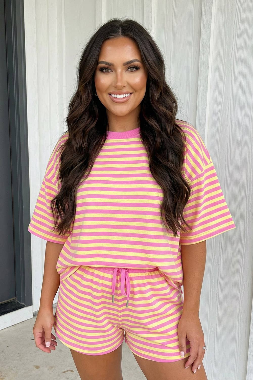 MDB Stripe Contrast Trim Boxy French Terry Short Set Pink/Yellow