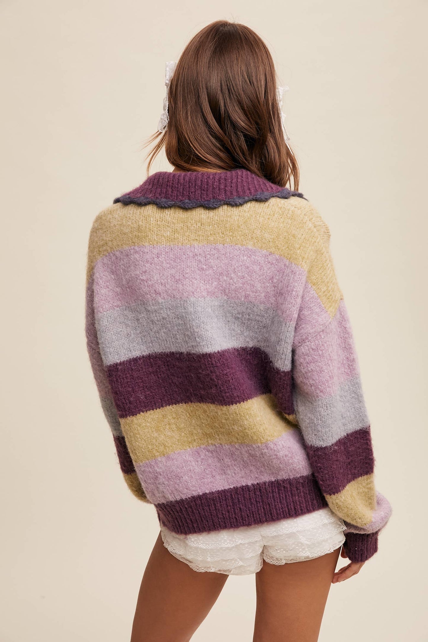 Striped Fuzzy Polo Sweater Redbean Multi