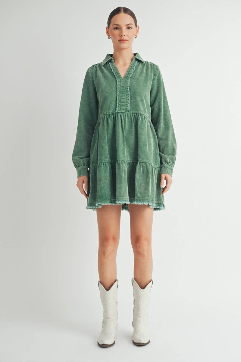 Mineral Wash Corduroy Tiered Dress