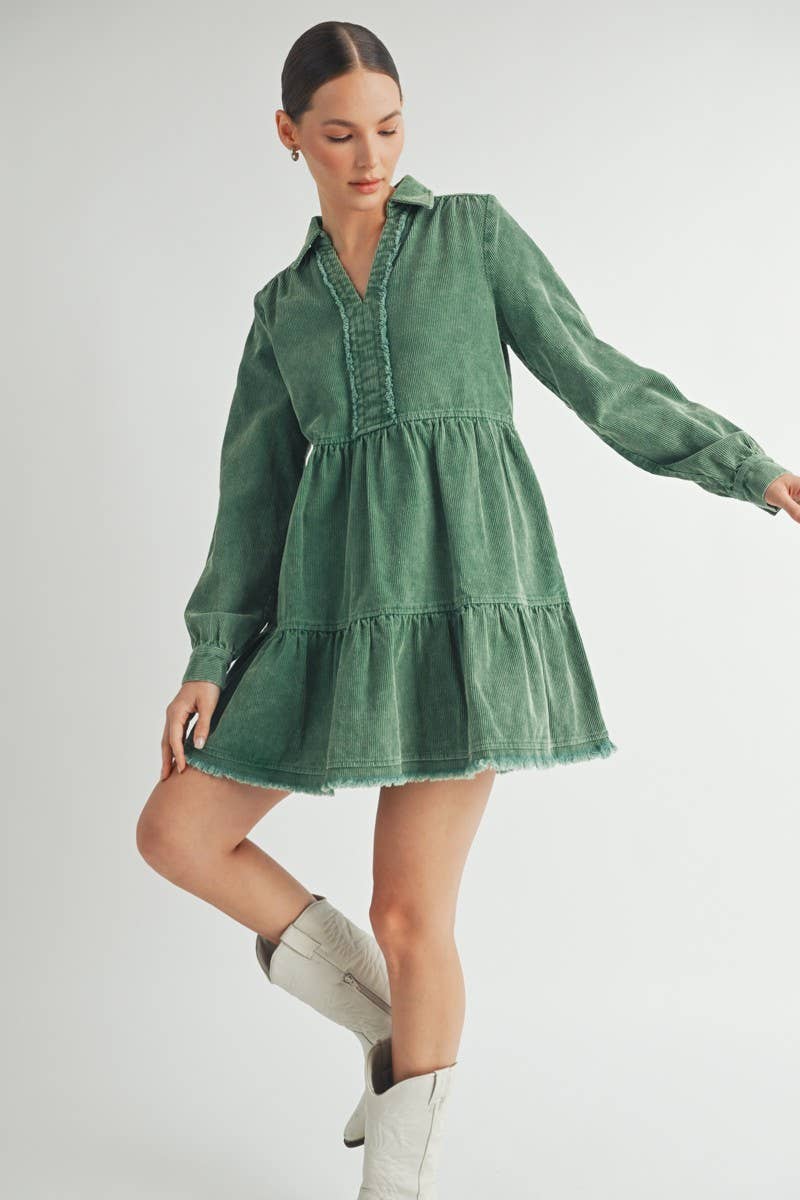 Mineral Wash Corduroy Tiered Dress