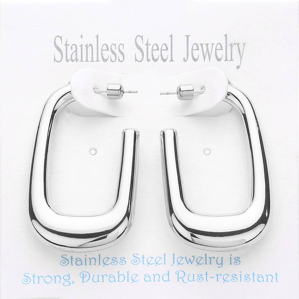 Stainless Steel Rectangle Hoop Earrings: Silver